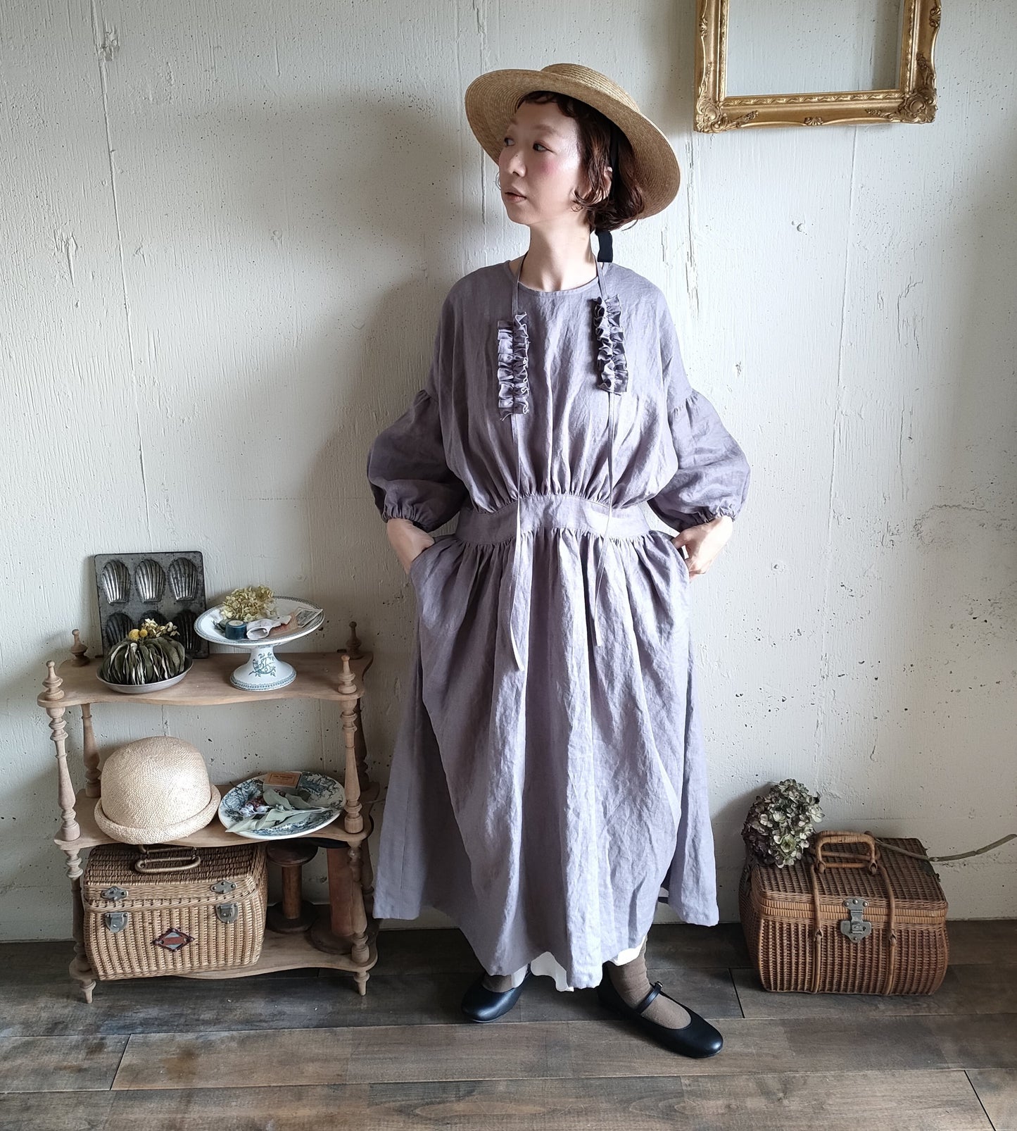 【Ash lavender】アッシュラベンダー　フレンチリネンギャザーワンピース　French linen Gather Onepiece　リネンワンピース　ナチュラルワンピース　フレンチリネン
