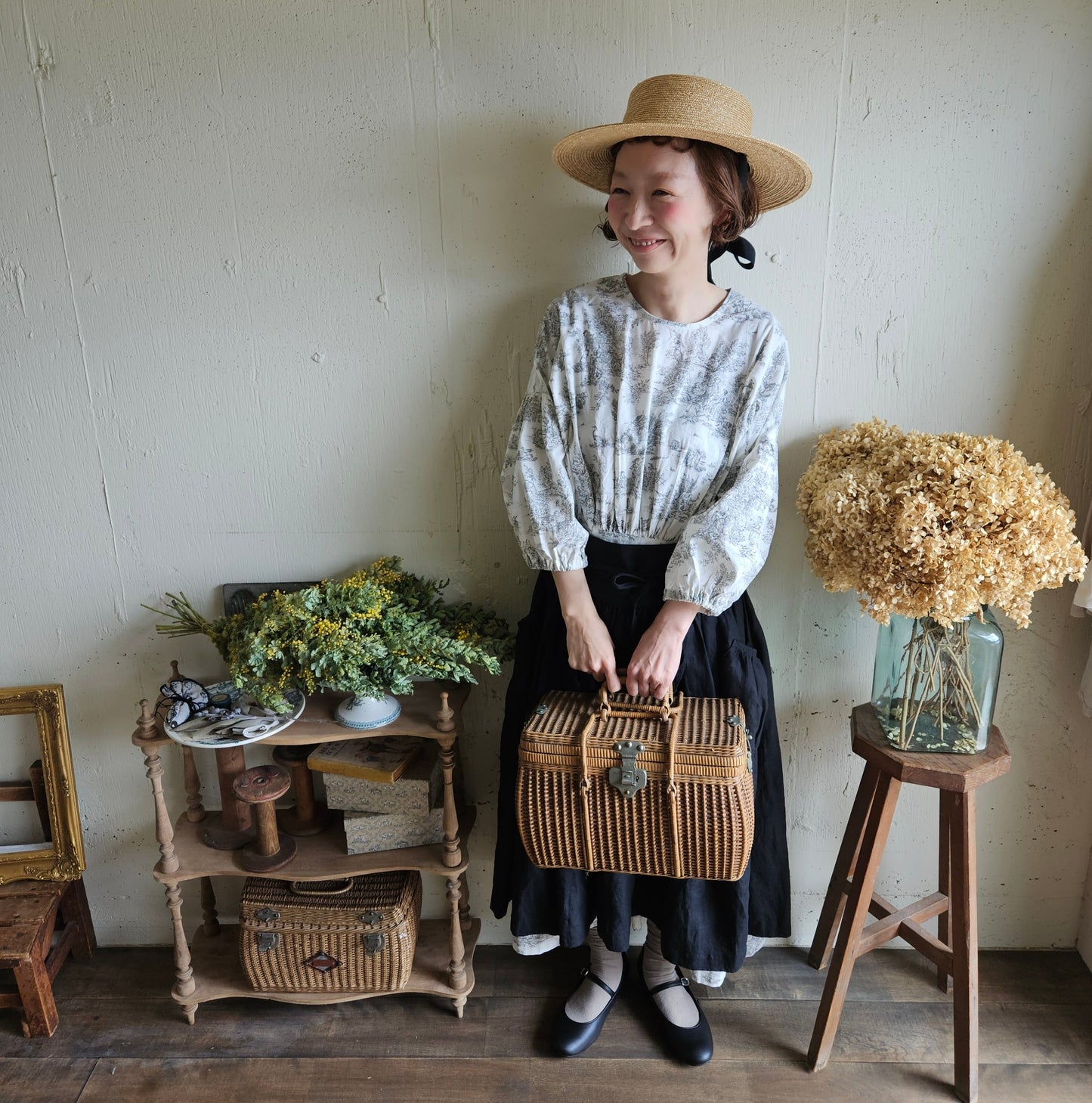 Dark Black　2way サスペンダーギャザータブリエ　French Linen Gather tablier