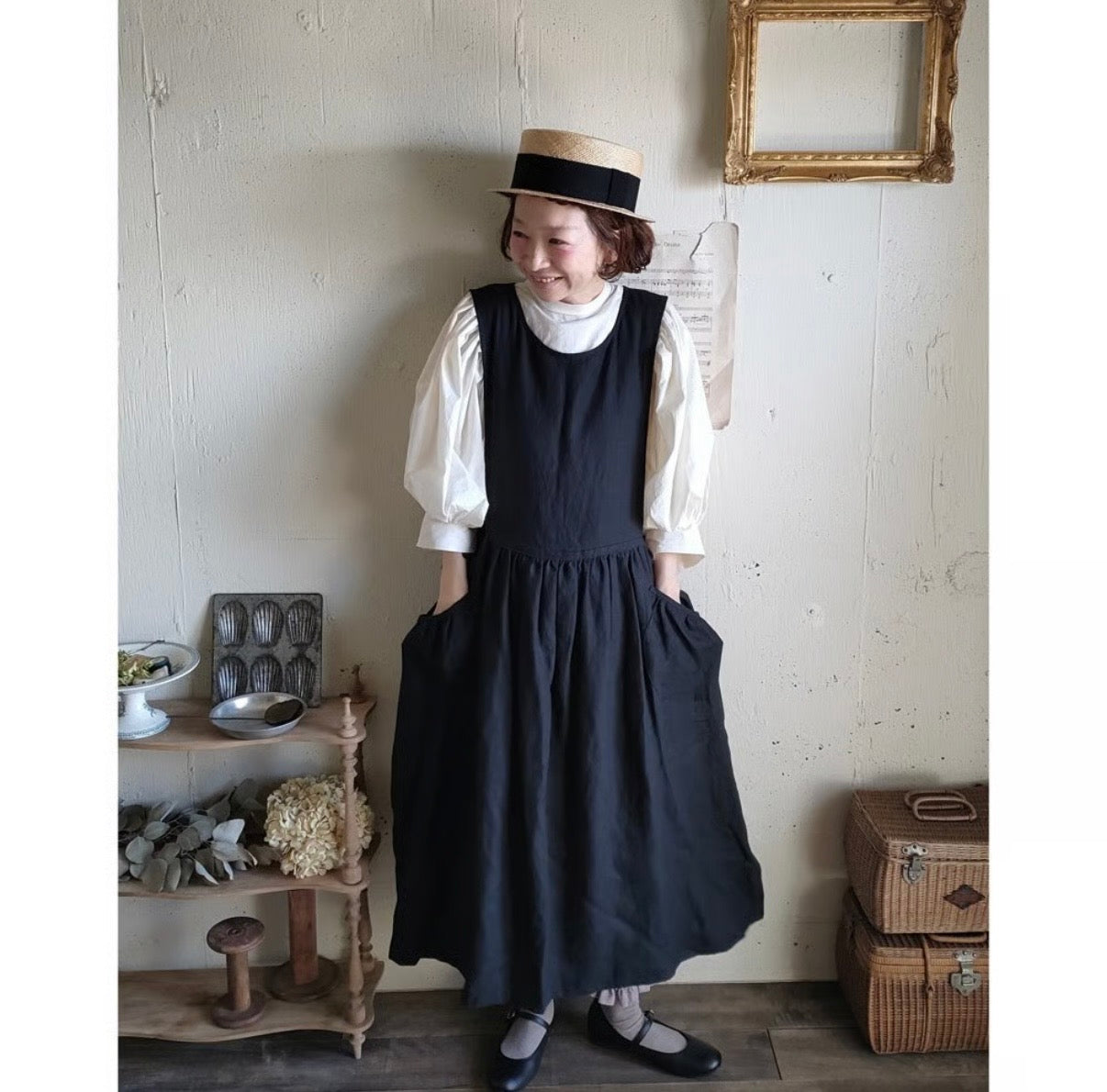 Dark Black フレンチリネンエプロンワンピース　フレンチリネンワンピース　FrenchLinen Apron onepiece