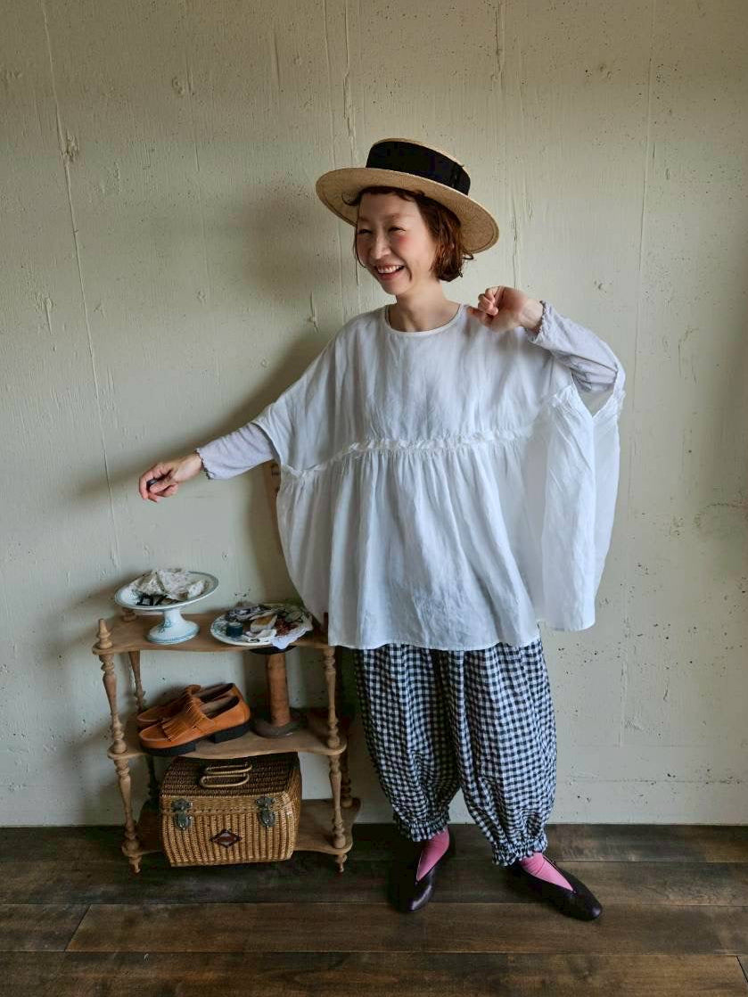 【送料半額】別注！Gauze×meguri.megutte ワイドギャザーブラウス　wide gather blouse