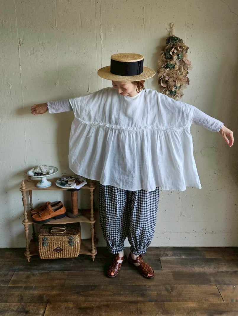 【送料半額】別注！Gauze×meguri.megutte ワイドギャザーブラウス　wide gather blouse