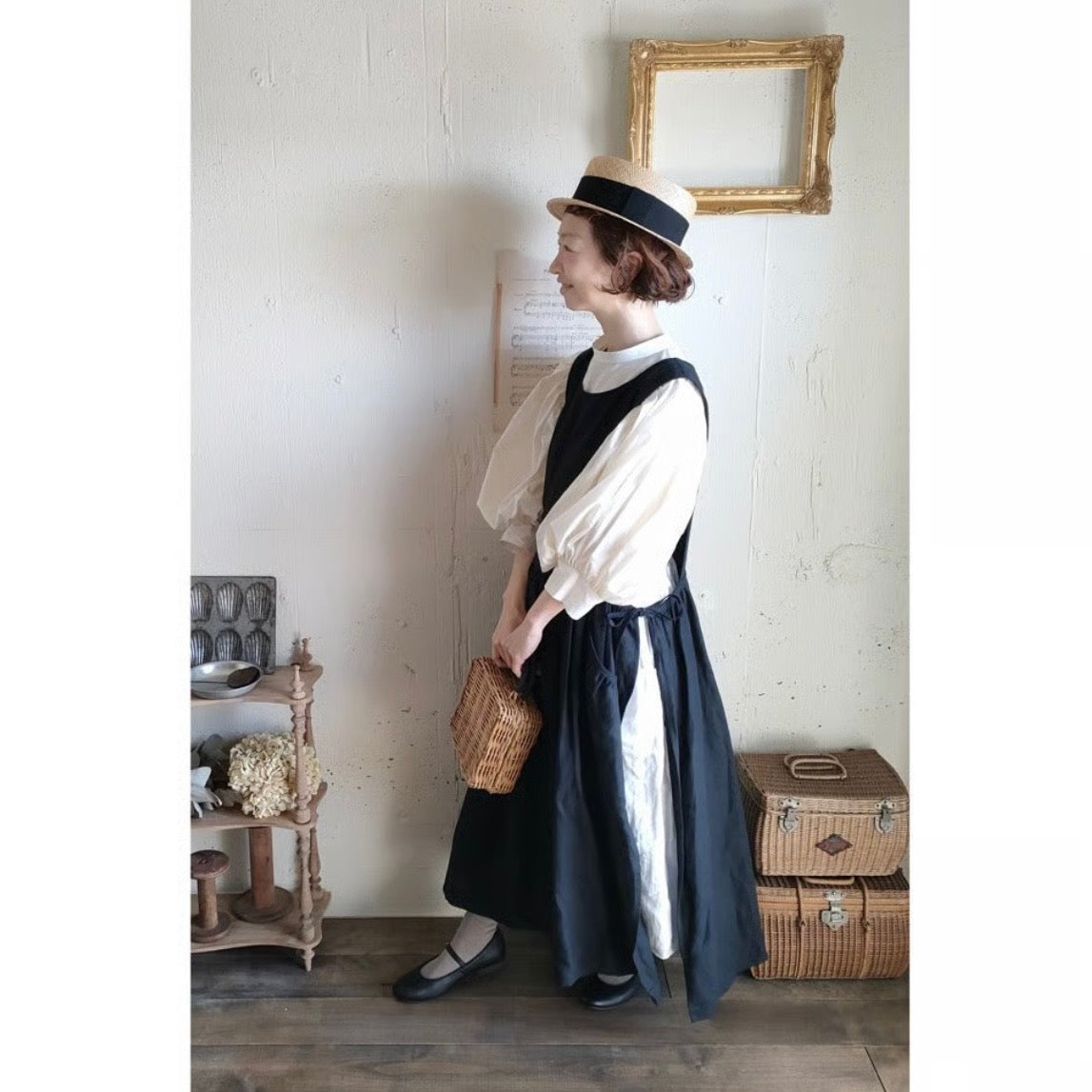 Dark Black フレンチリネンエプロンワンピース　フレンチリネンワンピース　FrenchLinen Apron onepiece