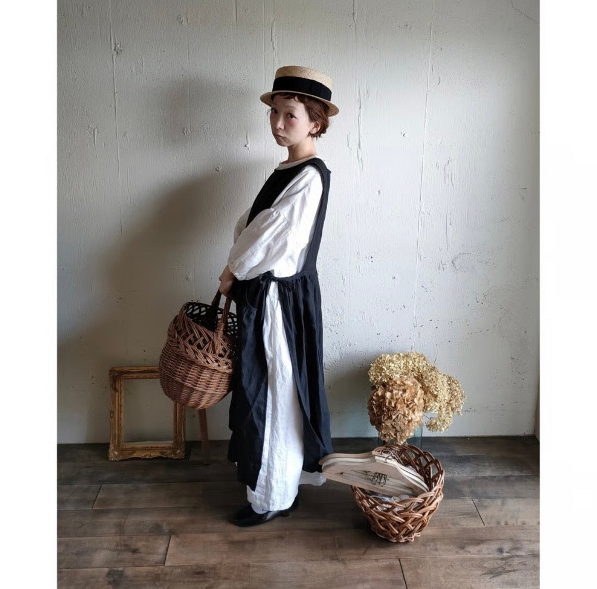 Dark Black フレンチリネンエプロンワンピース　フレンチリネンワンピース　FrenchLinen Apron onepiece