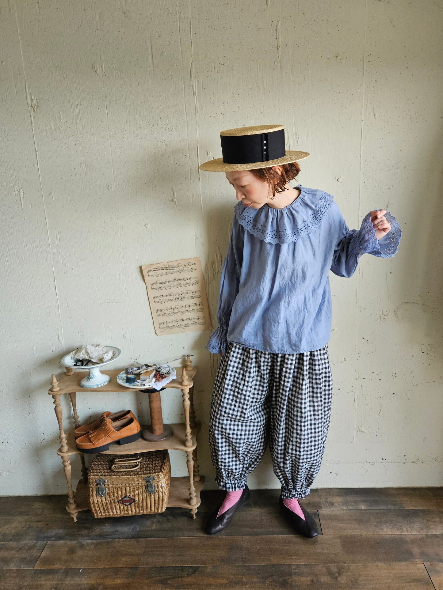 【即納】アンティークフリルブラウス　gauze#×megurimegutte  別注カラー！スモーキーブルー　smoky blue    antique frill blouse