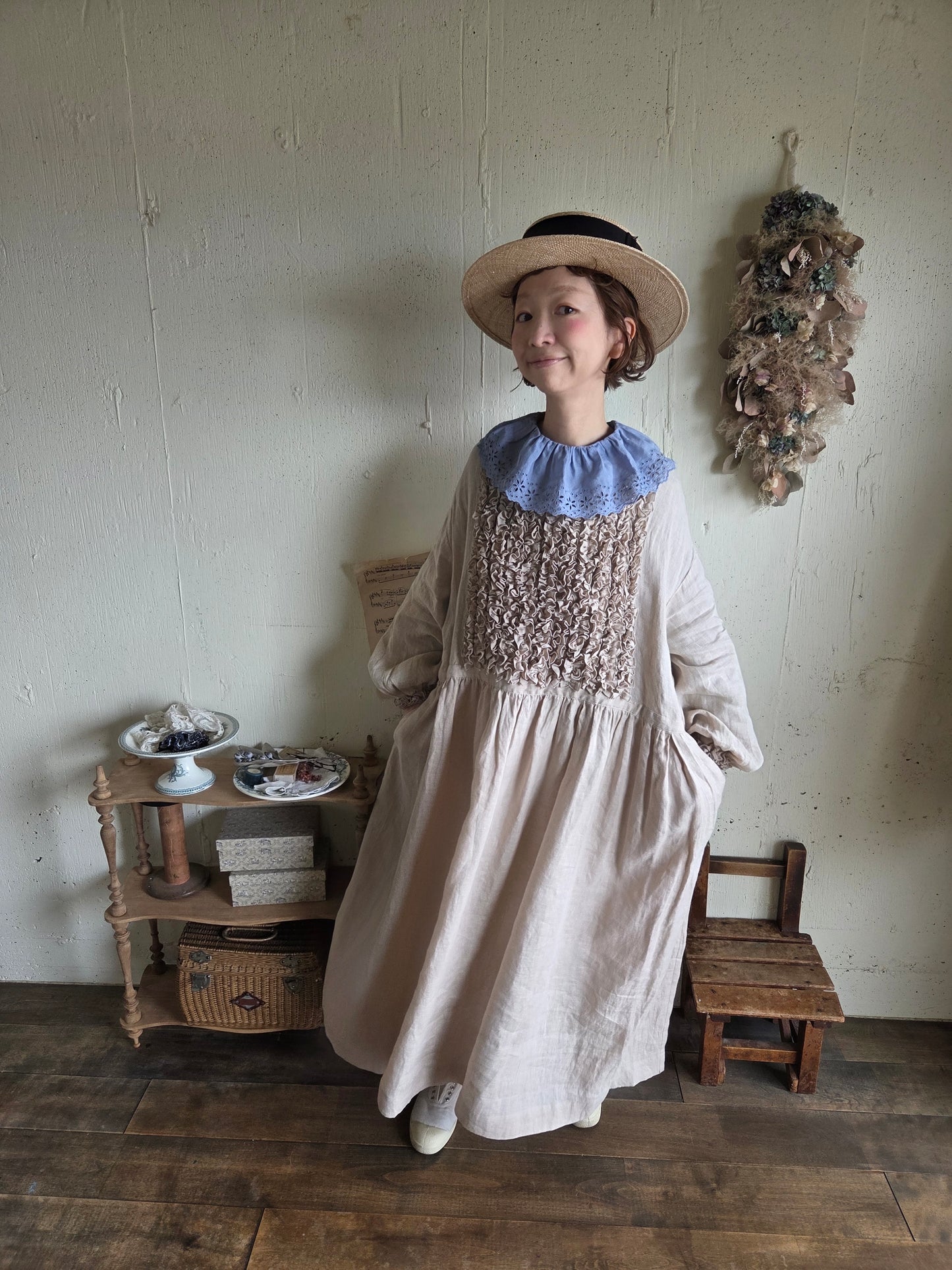 【即納】アンティークフリルブラウス　gauze#×megurimegutte  別注カラー！スモーキーブルー　smoky blue    antique frill blouse