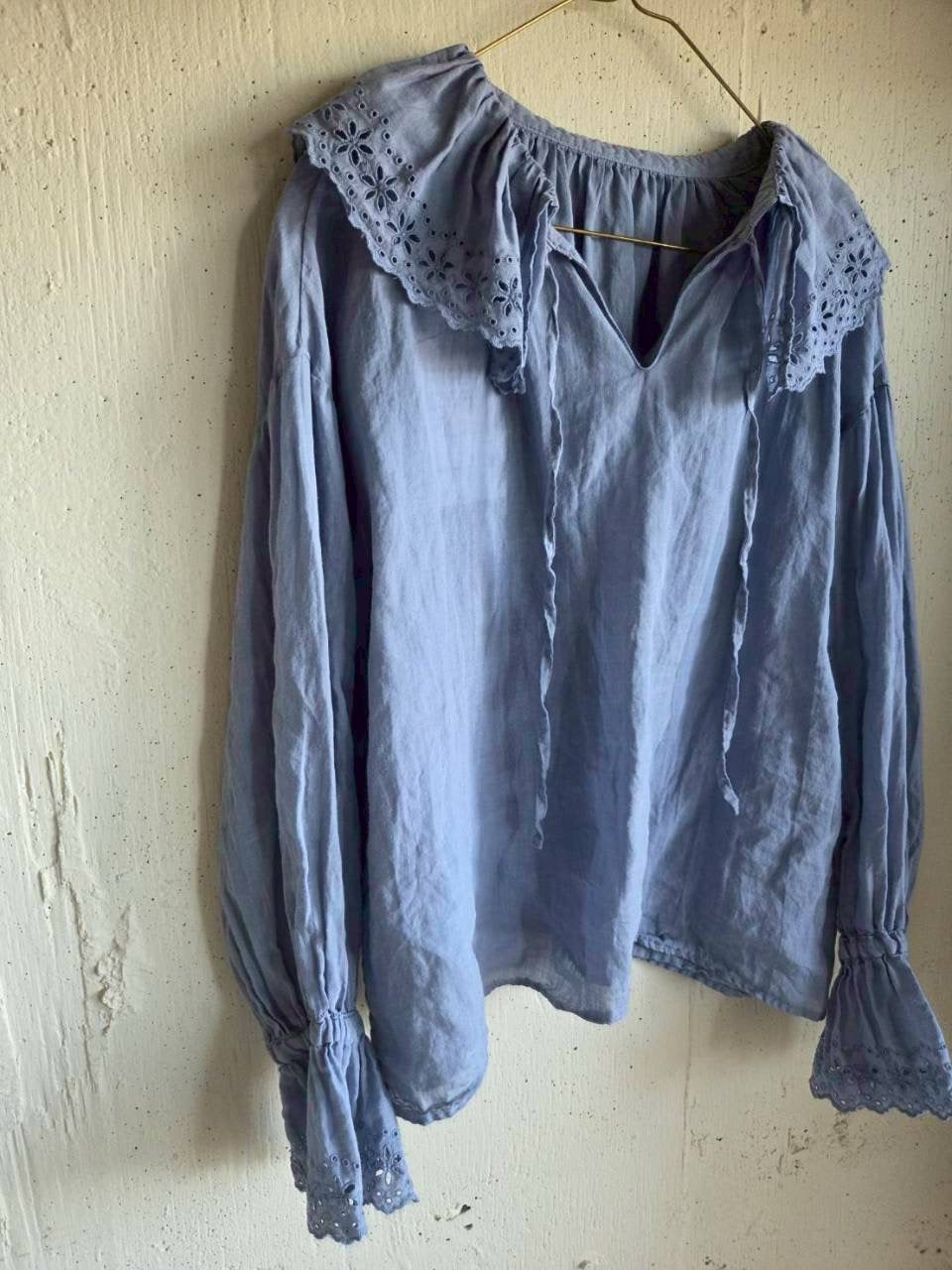 【即納】アンティークフリルブラウス　gauze#×megurimegutte  別注カラー！スモーキーブルー　smoky blue    antique frill blouse