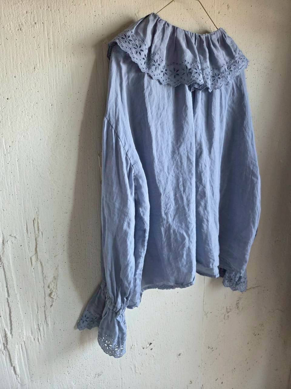 【即納】アンティークフリルブラウス　gauze#×megurimegutte  別注カラー！スモーキーブルー　smoky blue    antique frill blouse