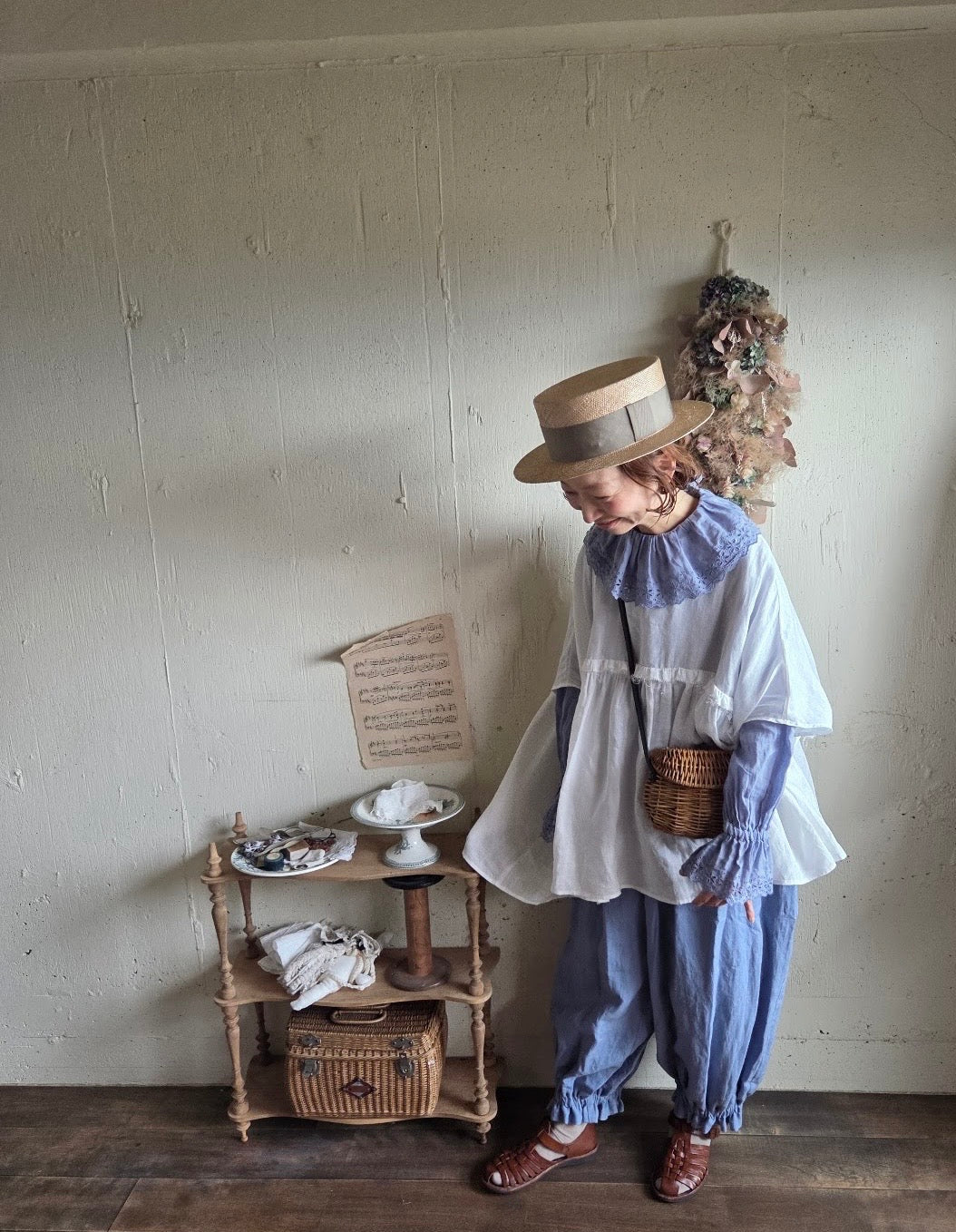 【即納】アンティークフリルブラウス　gauze#×megurimegutte  別注カラー！スモーキーブルー　smoky blue    antique frill blouse