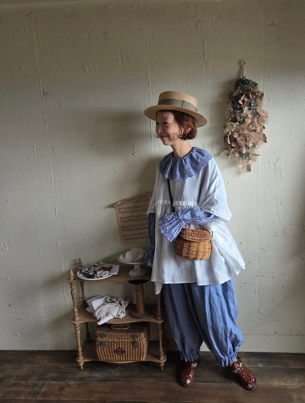 【即納】アンティークフリルブラウス　gauze#×megurimegutte  別注カラー！スモーキーブルー　smoky blue    antique frill blouse