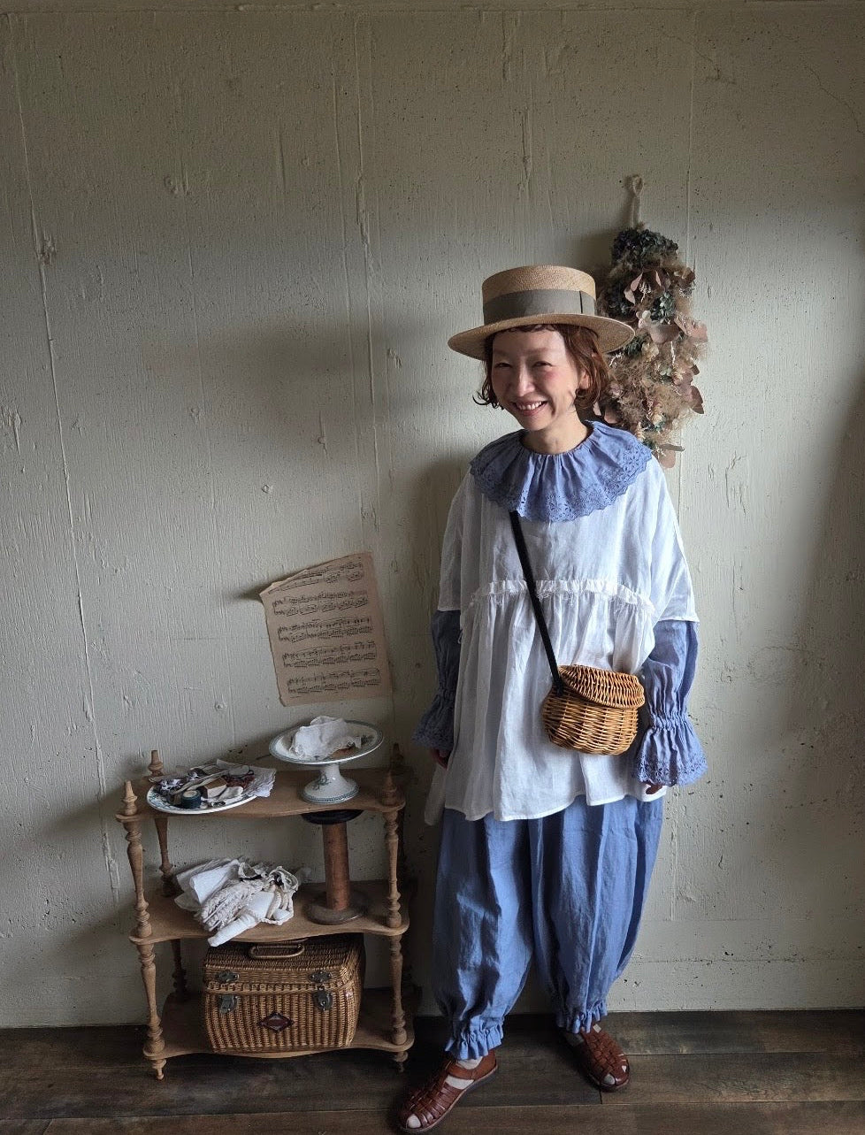 【即納】アンティークフリルブラウス　gauze#×megurimegutte  別注カラー！スモーキーブルー　smoky blue    antique frill blouse