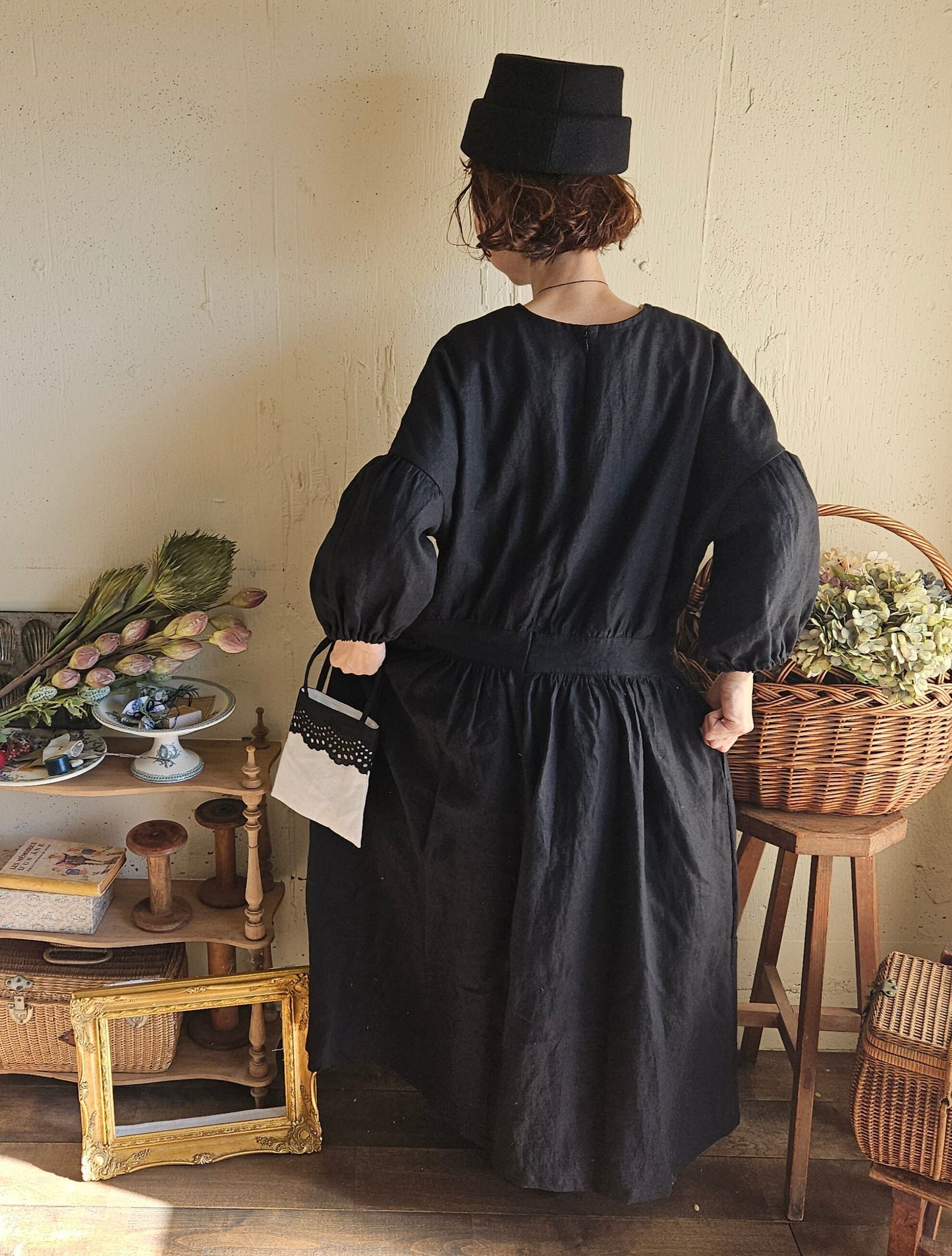 Dark Black　フレンチリネンギャザーワンピース　リネンワンピース　ナチュラルワンピース　フレンチリネン