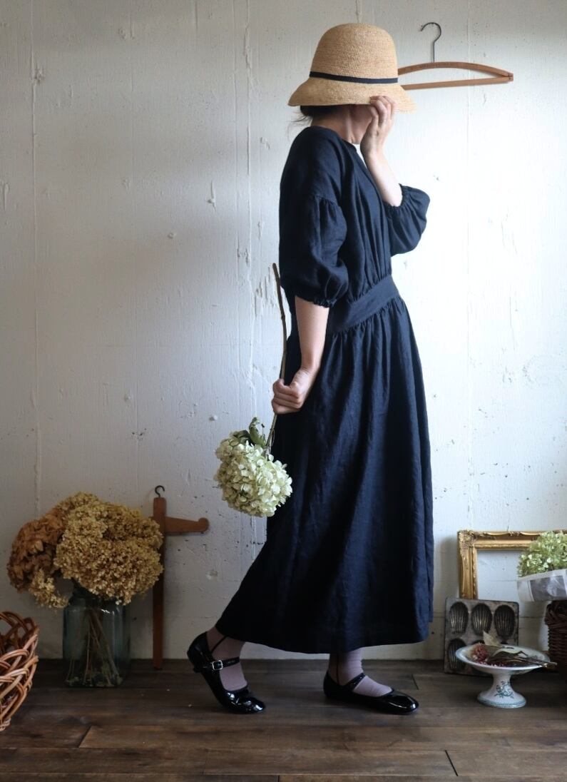 Dark Black　フレンチリネンギャザーワンピース　リネンワンピース　ナチュラルワンピース　フレンチリネン