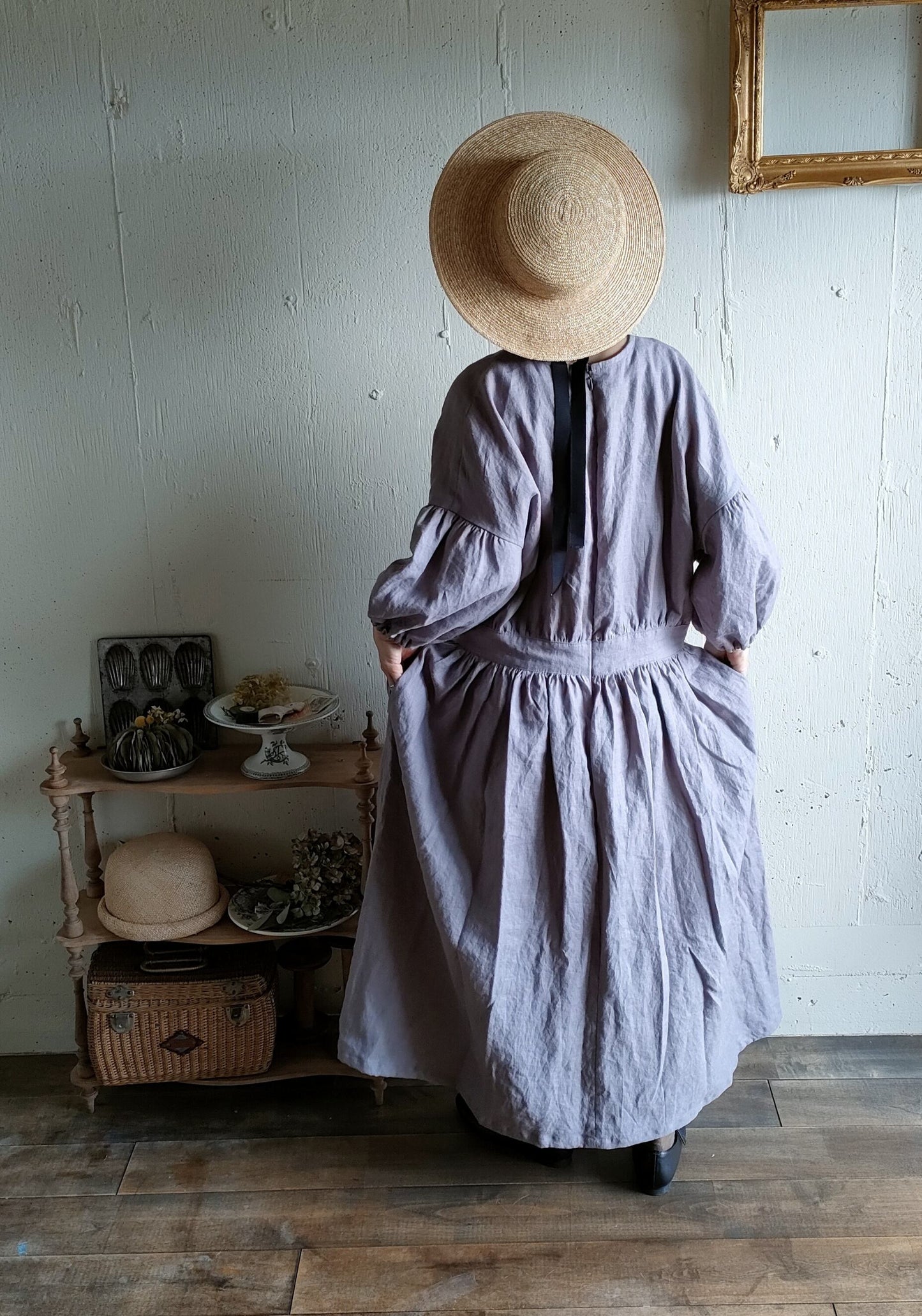 【Ash lavender】アッシュラベンダー　フレンチリネンギャザーワンピース　French linen Gather Onepiece　リネンワンピース　ナチュラルワンピース　フレンチリネン
