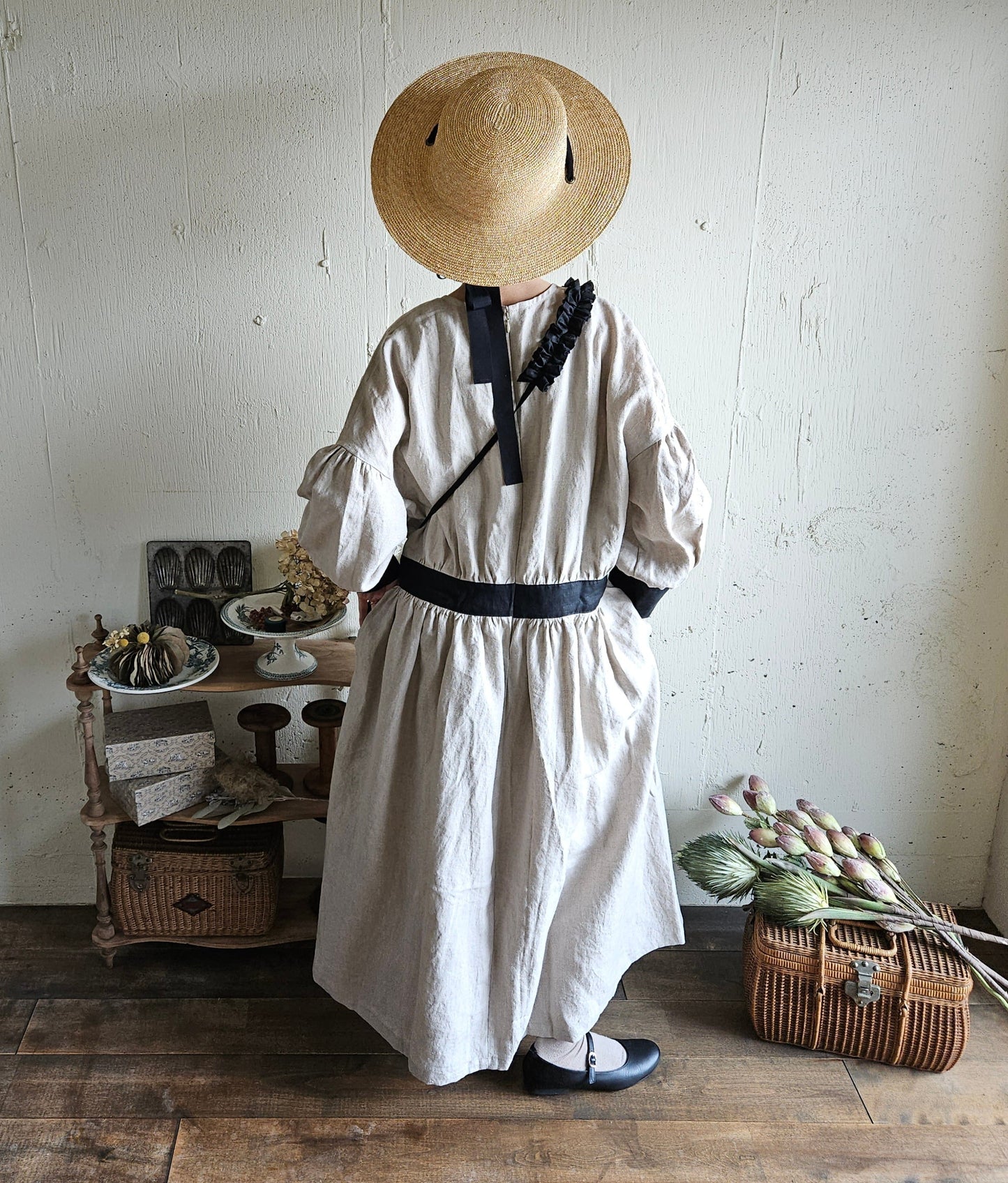 【kinari × Black】キナリ×ブラック bicollar cuffs gather onepice