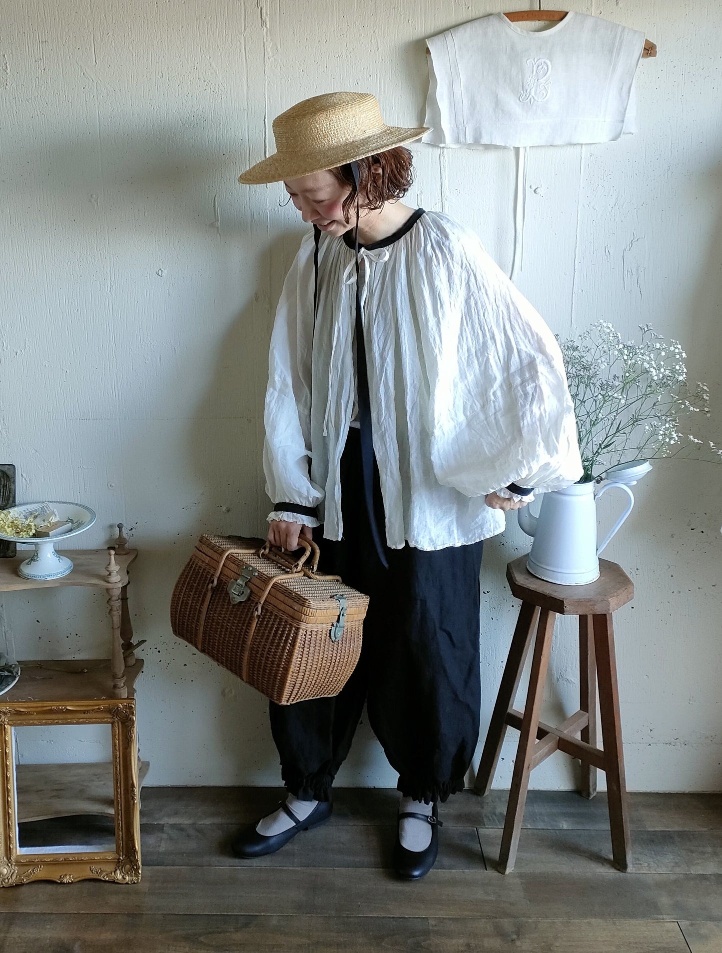 バイカラー 2way ギャザーアンティークブラウス　#gauze