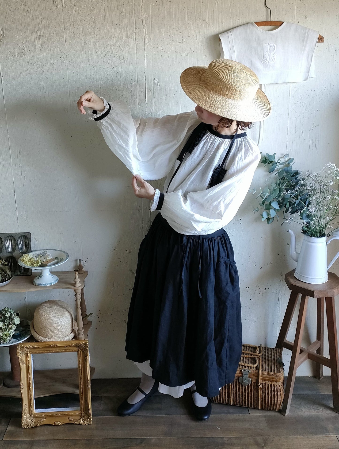 バイカラー 2way ギャザーアンティークブラウス　#gauze