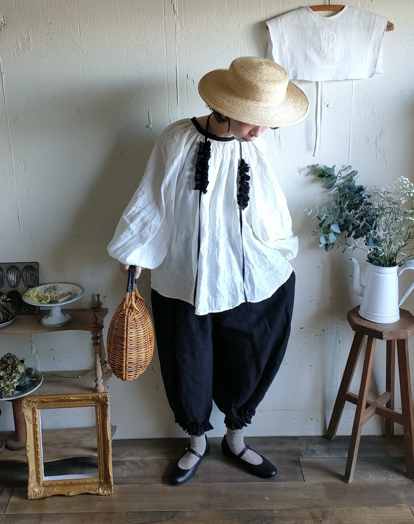 バイカラー 2way ギャザーアンティークブラウス　#gauze