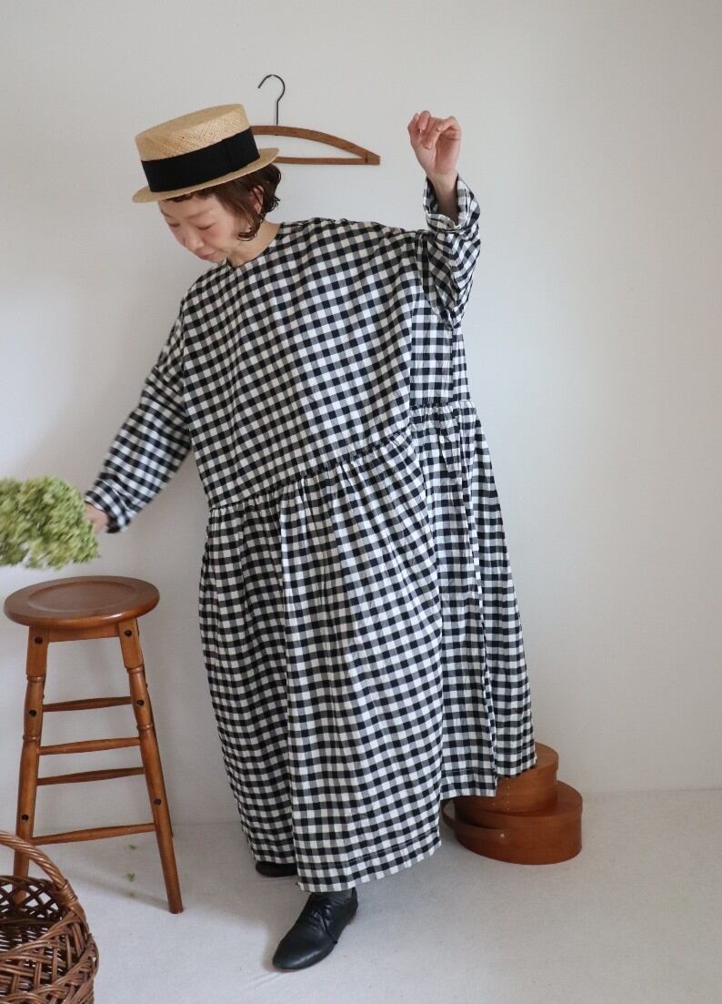 【Gingham check】modernist switching gather Onepiece  コットンワンピース　Aライン　ギャザーワンピース　ガーゼ gauze#