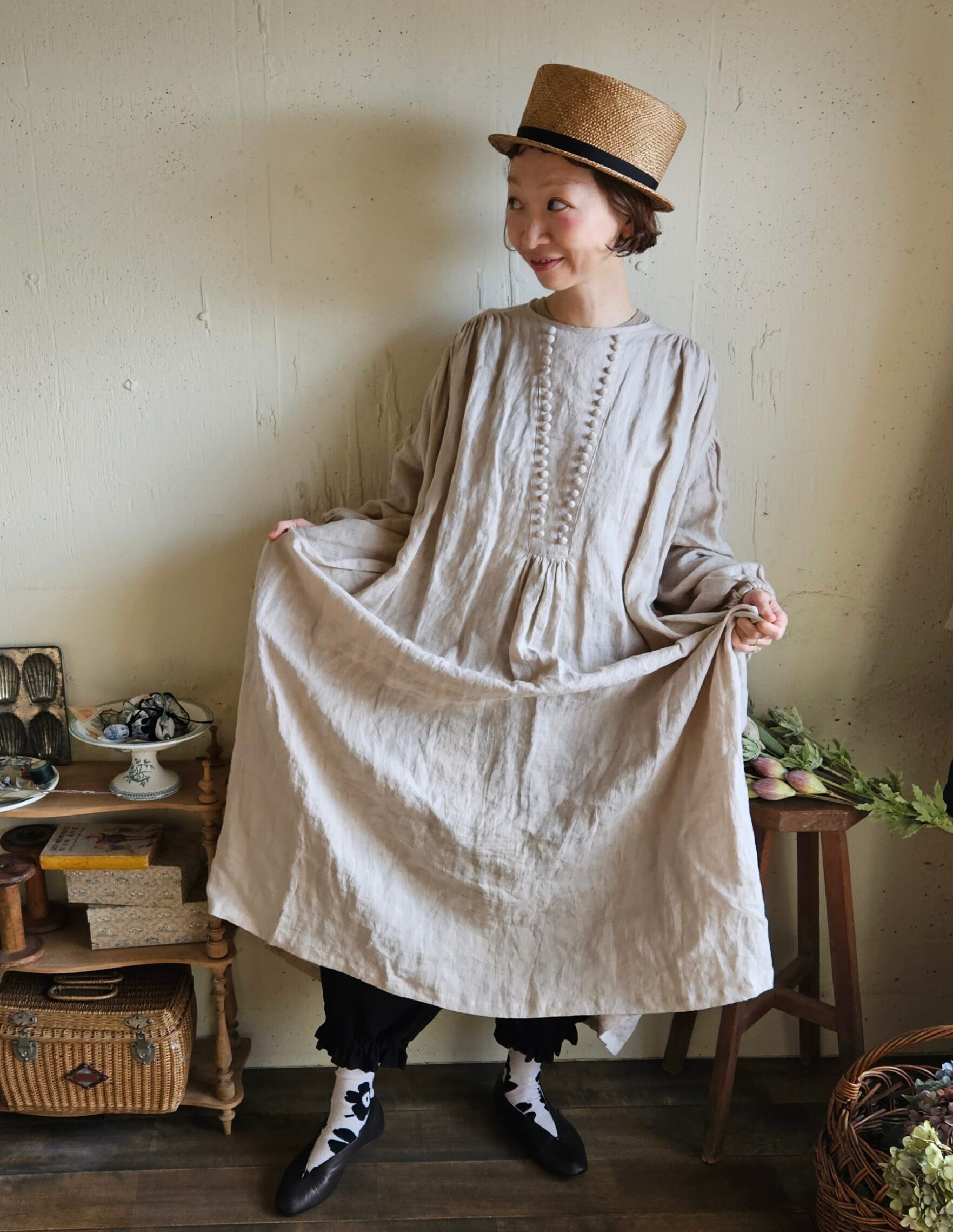 megurimegutteモノガタリワンピース モノガタリワンピース milk tea beige ミルクティベージュ フレンチ