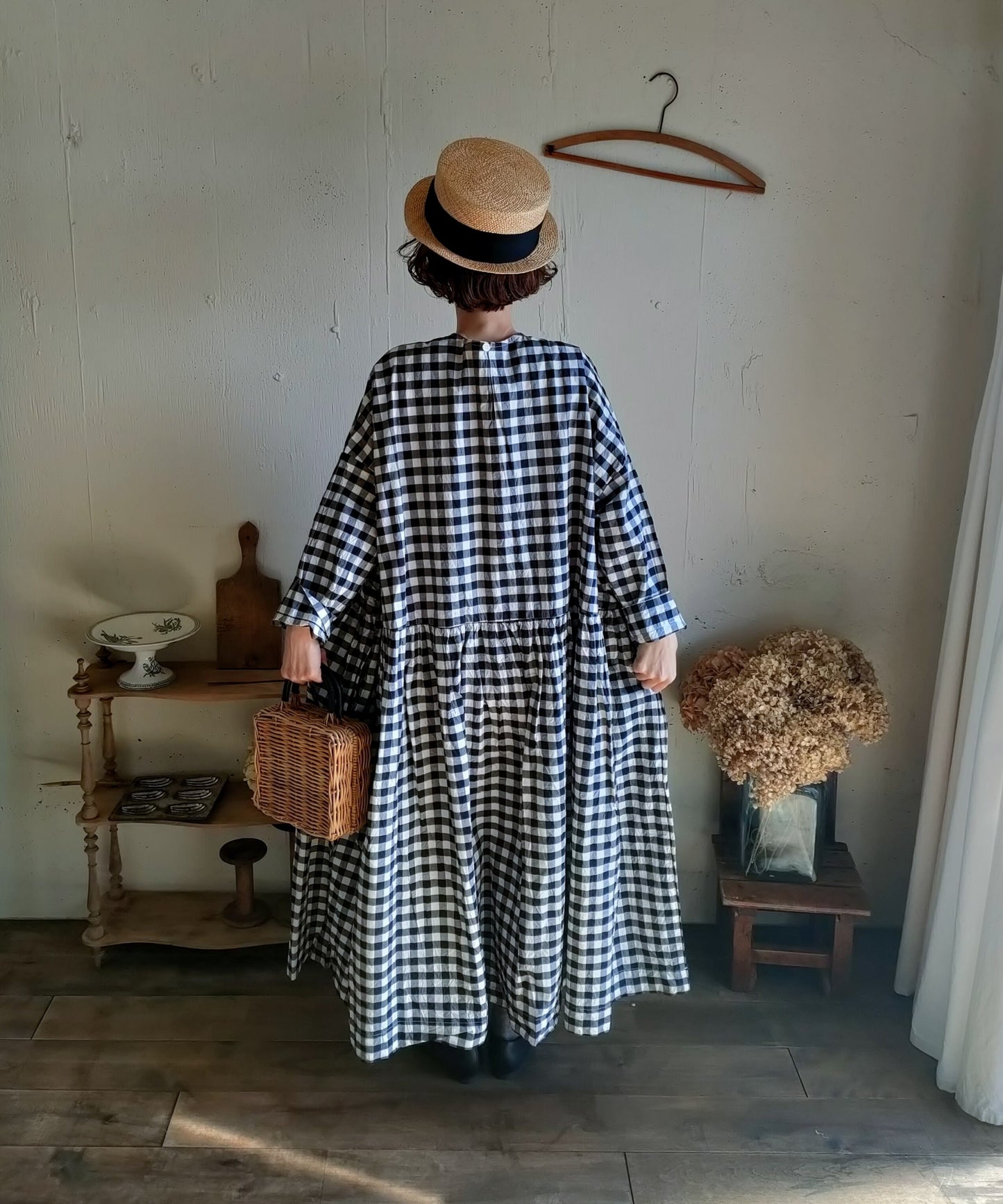 【Gingham check】modernist switching gather Onepiece  コットンワンピース　Aライン　ギャザーワンピース　ガーゼ gauze#