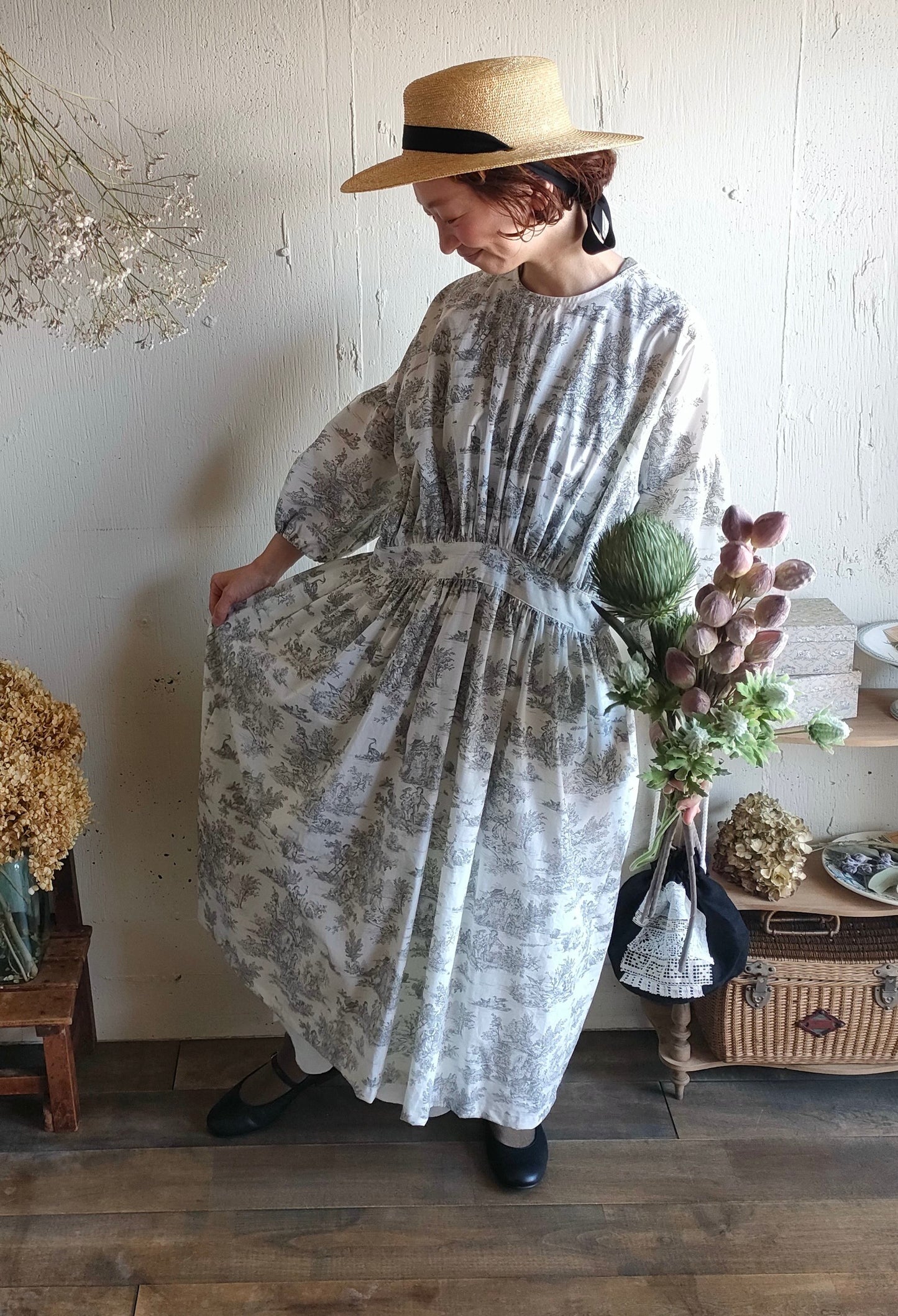 toile de jouy トワルドジュイ柄 ギャザーワンピース French cotton  gather one piece