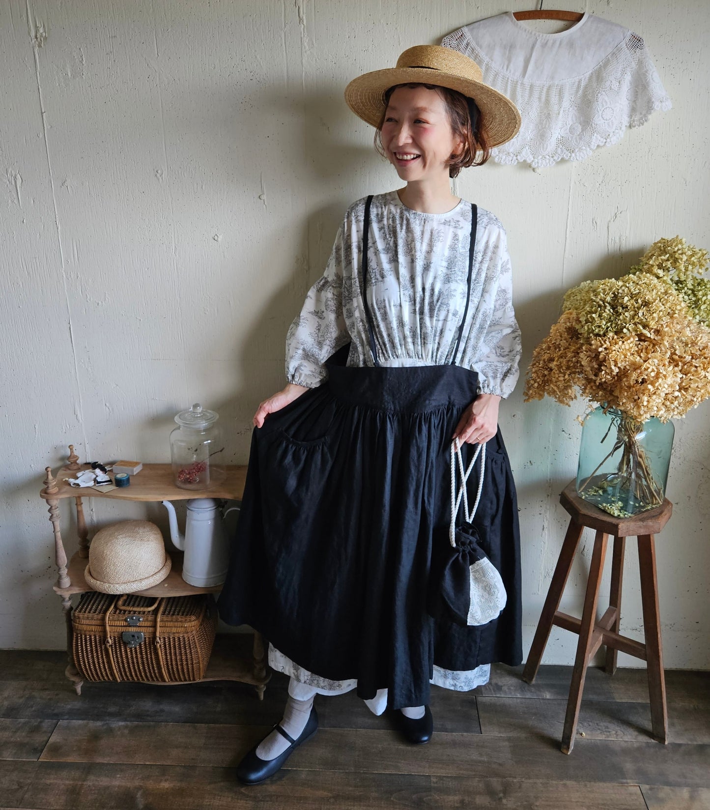 Dark Black　2way サスペンダーギャザータブリエ　French Linen Gather tablier