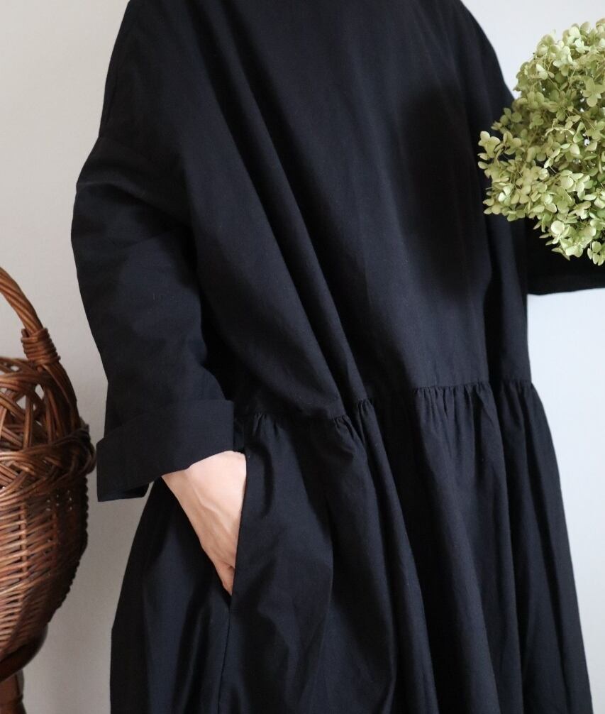 【Mat Black】modernist switching gather Onepiece  コットンワンピース　Aライン　ギャザーワンピース　ガーゼ gauze#