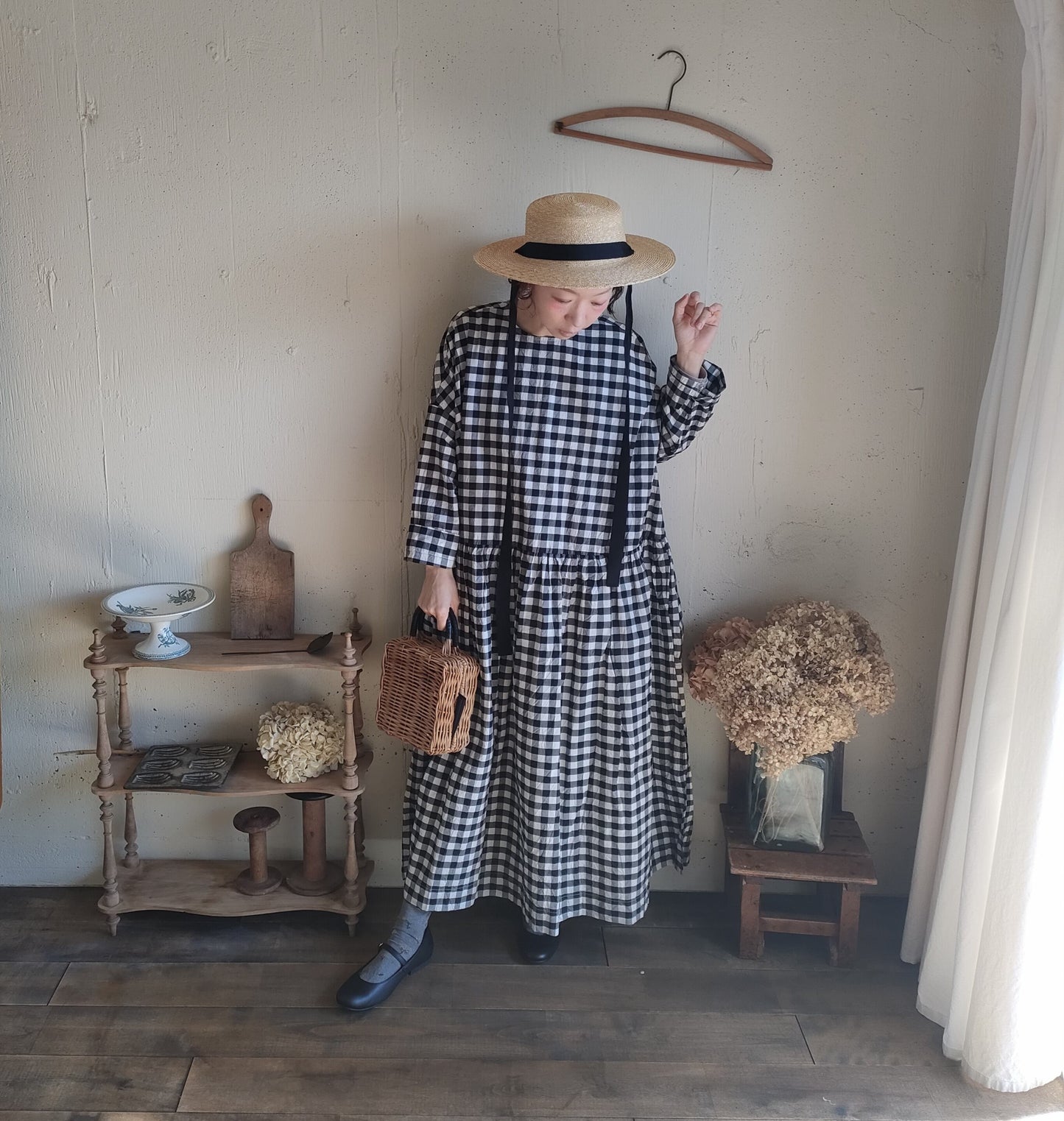 【Gingham check】modernist switching gather Onepiece  コットンワンピース　Aライン　ギャザーワンピース　ガーゼ gauze#