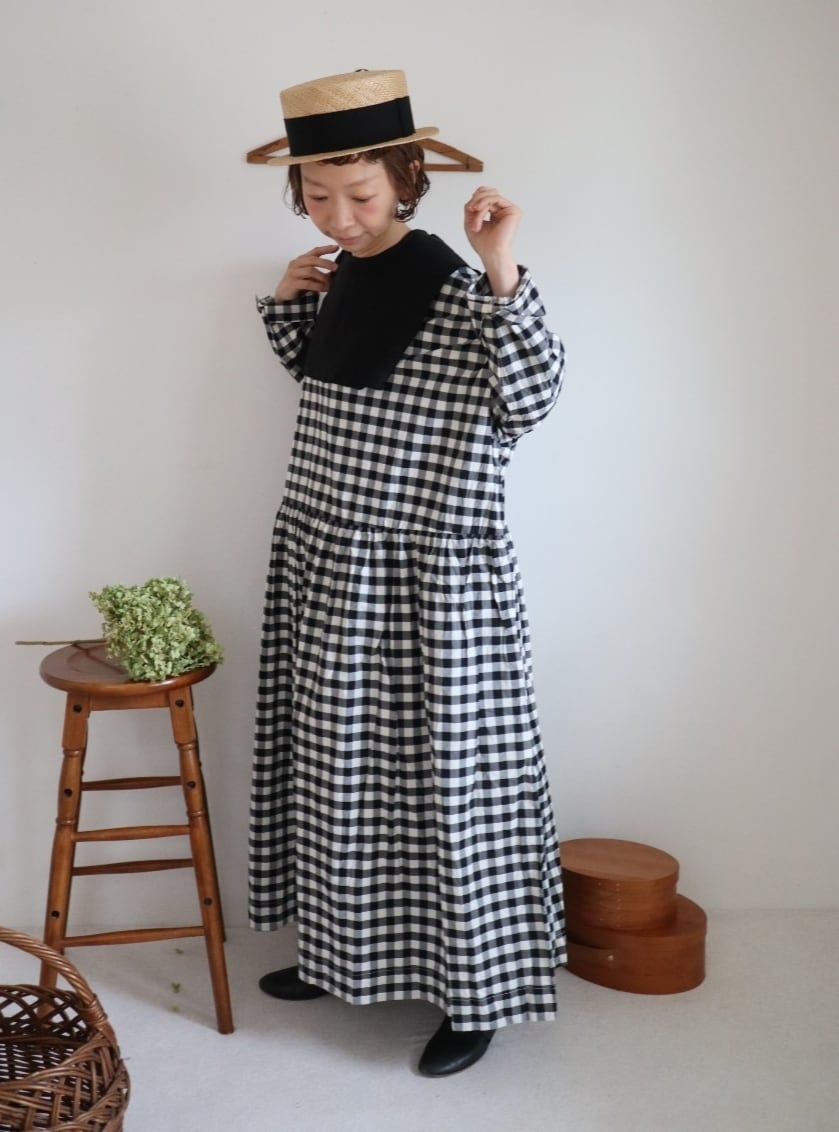 【Gingham check】modernist switching gather Onepiece  コットンワンピース　Aライン　ギャザーワンピース　ガーゼ gauze#