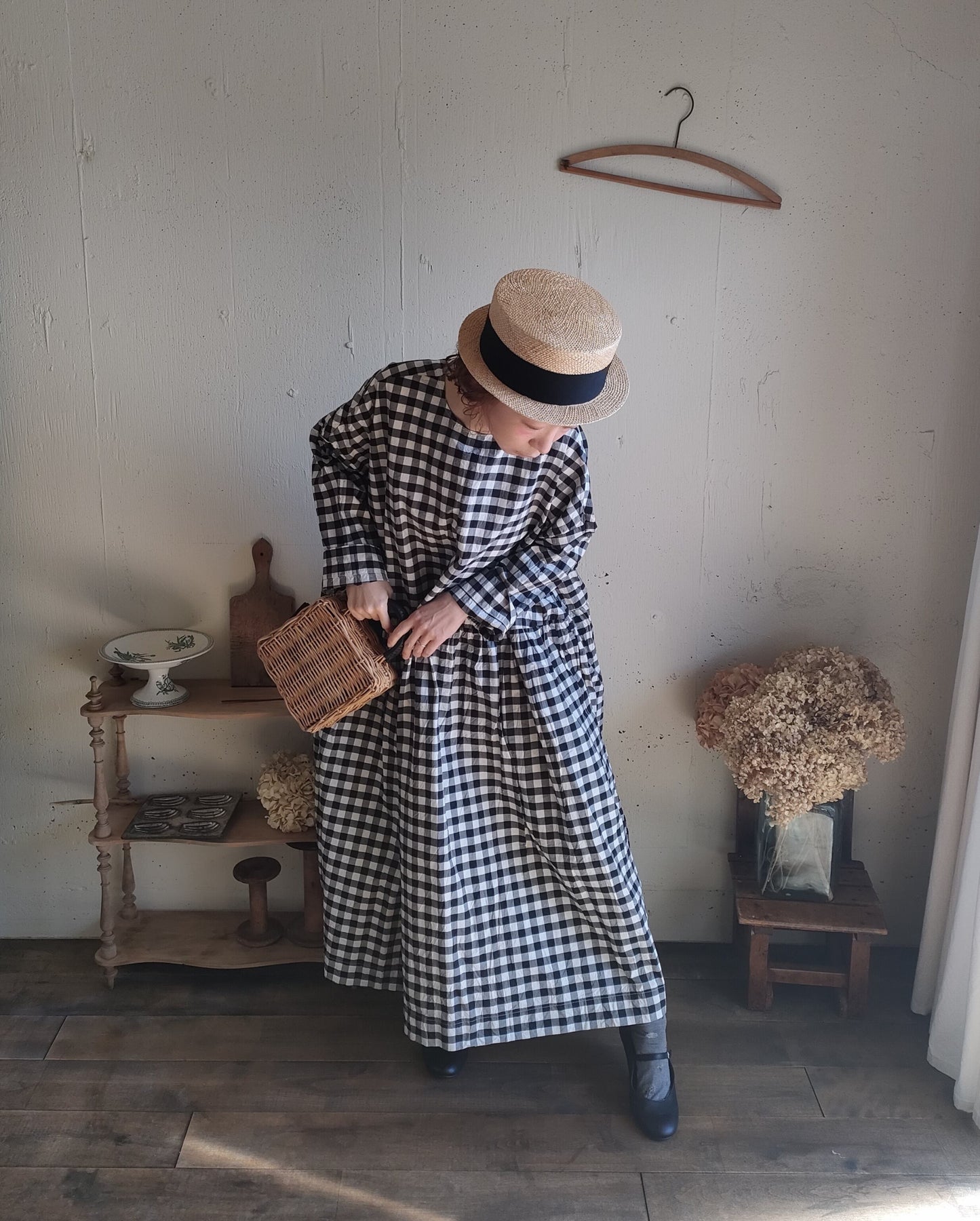 【Gingham check】modernist switching gather Onepiece  コットンワンピース　Aライン　ギャザーワンピース　ガーゼ gauze#