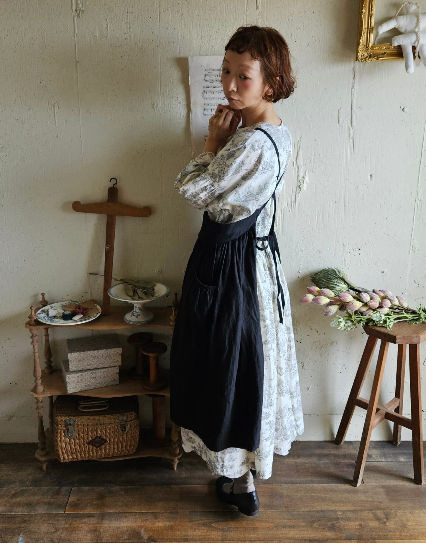 Dark Black　2way サスペンダーギャザータブリエ　French Linen Gather tablier