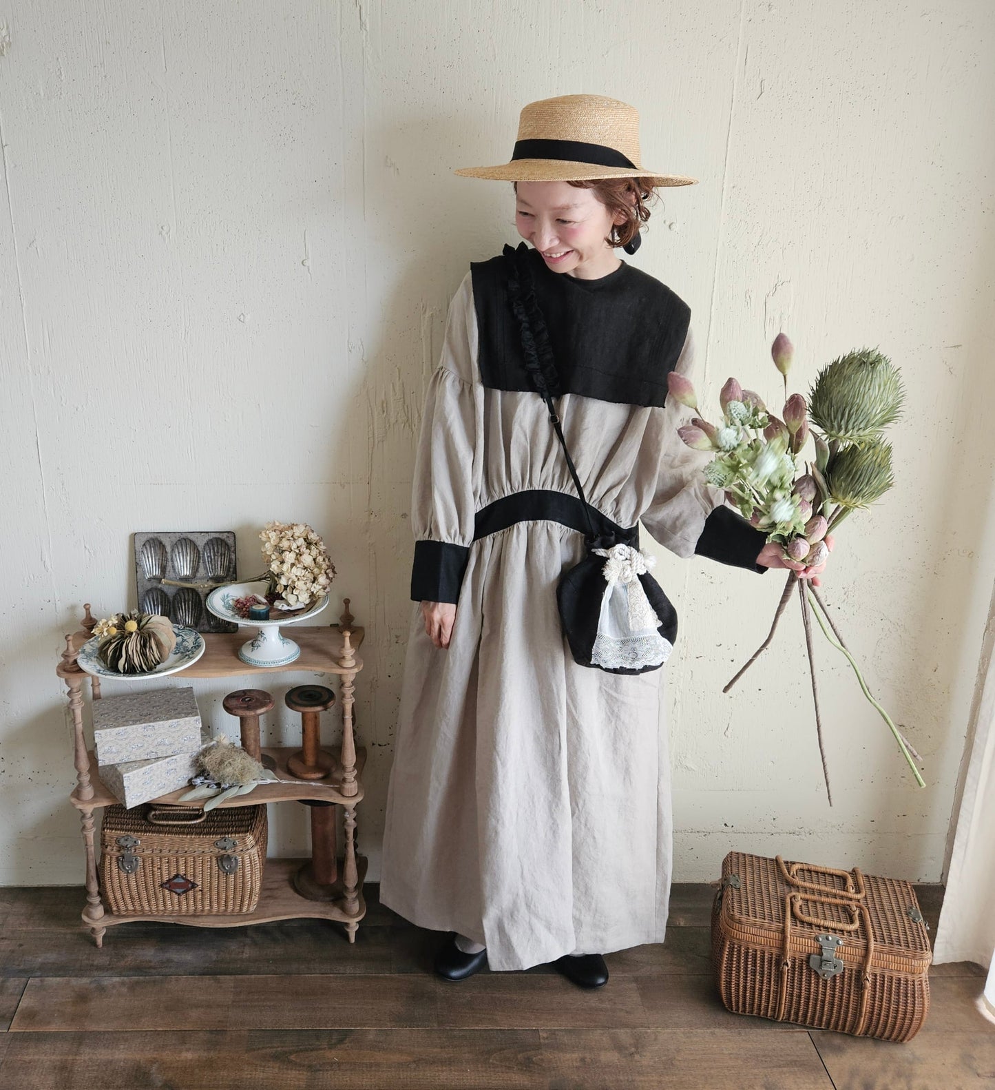 【kinari × Black】キナリ×ブラック bicollar cuffs gather onepice