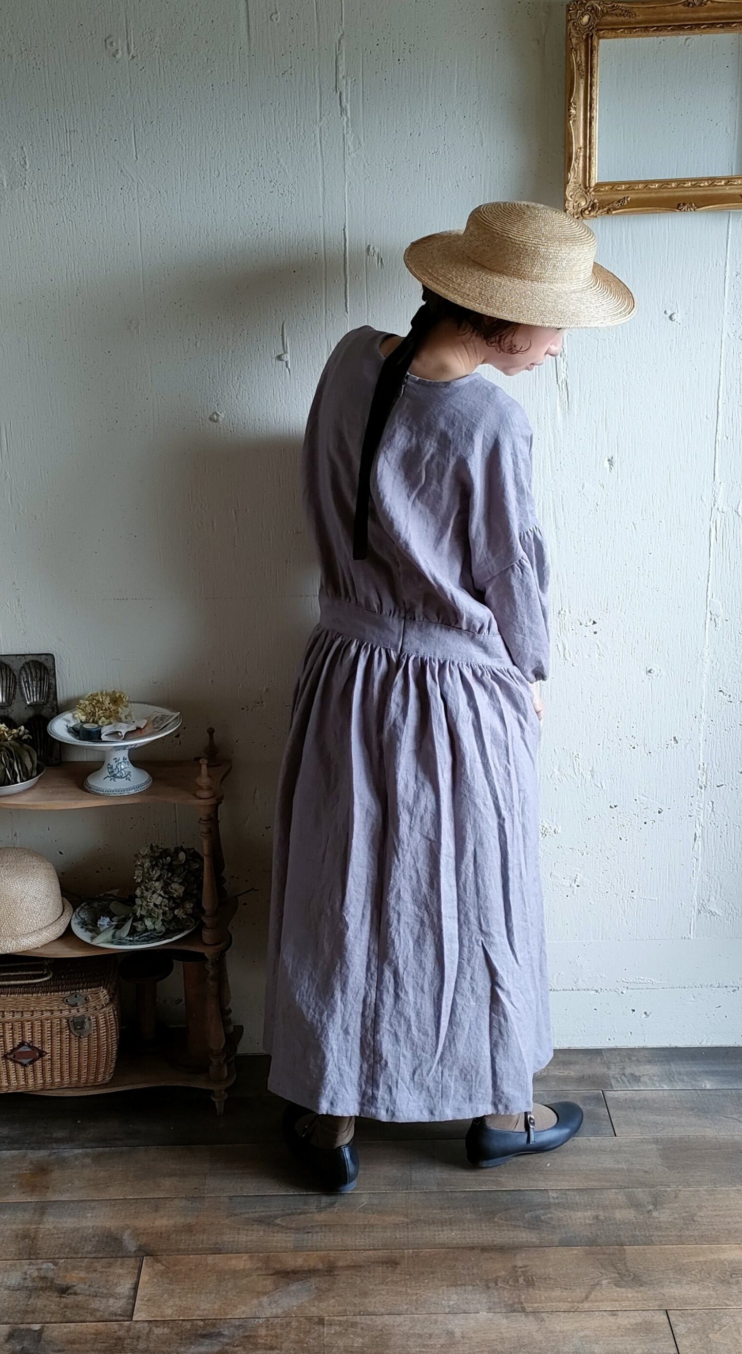 【Ash lavender】アッシュラベンダー　フレンチリネンギャザーワンピース　French linen Gather Onepiece　リネンワンピース　ナチュラルワンピース　フレンチリネン