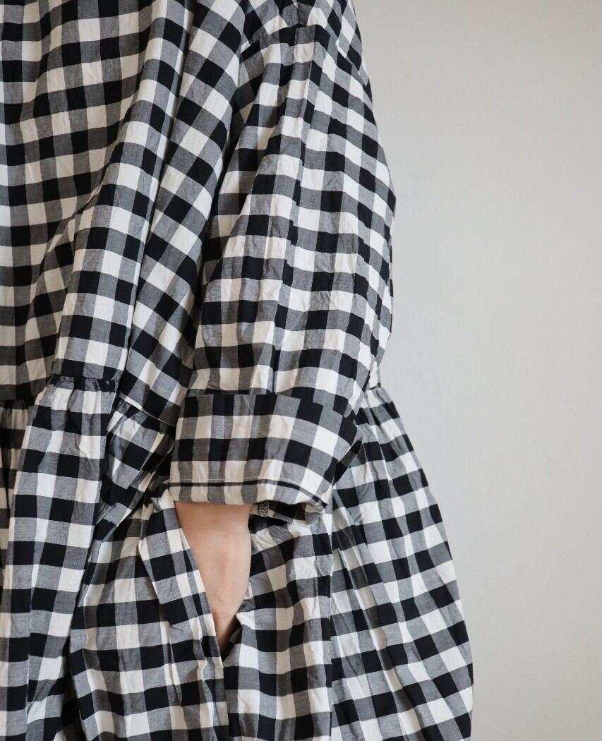 【Gingham check】modernist switching gather Onepiece  コットンワンピース　Aライン　ギャザーワンピース　ガーゼ gauze#