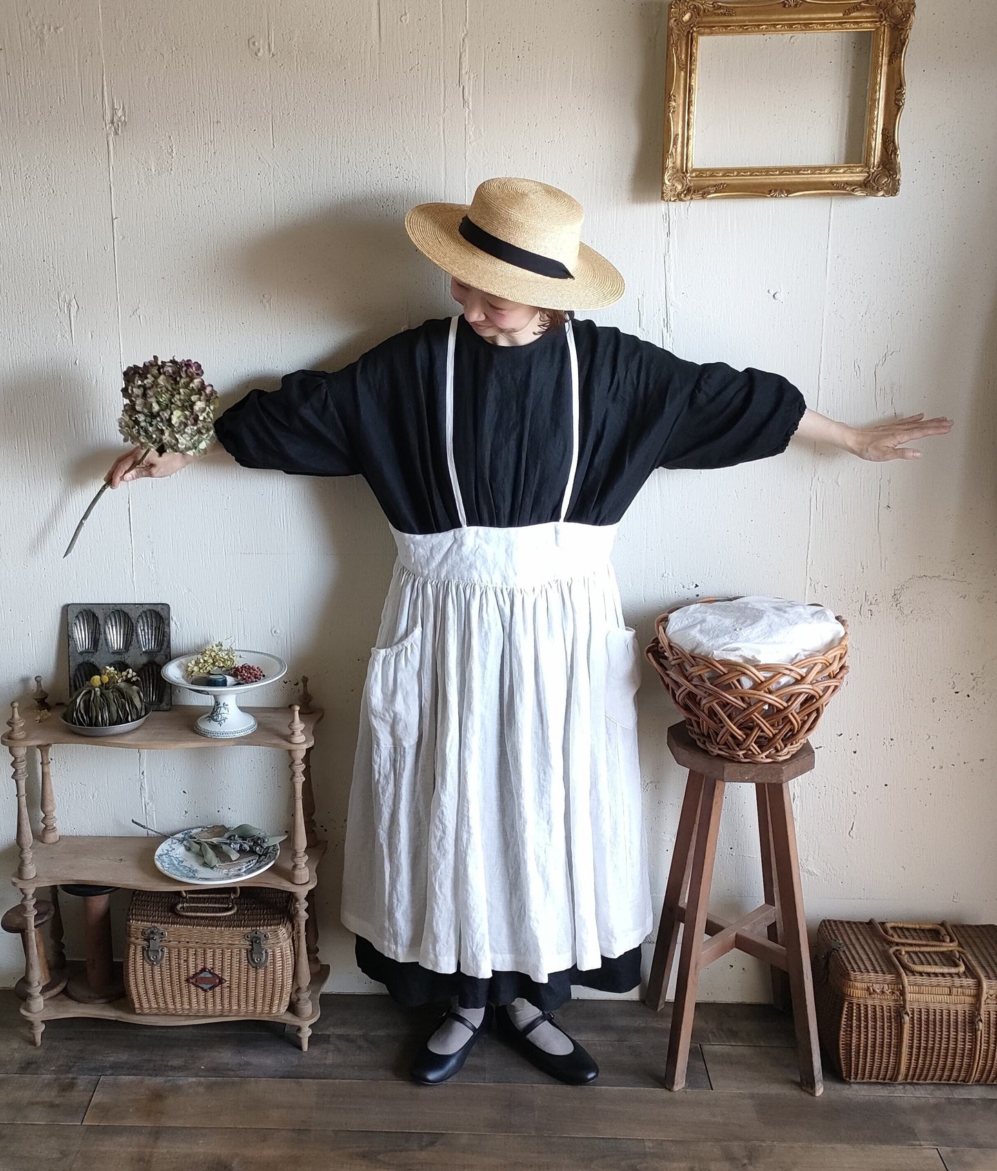 Ecru White　2way サスペンダーギャザータブリエ　French Linen Gather tablier 　アンティークタブリエ　リネンタブリエ