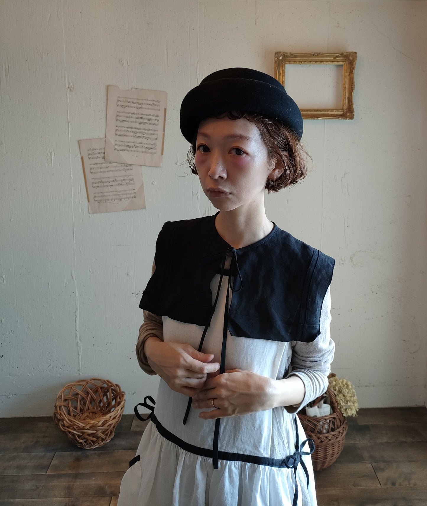 【Dark Black】Antique wash Linen collar 柔らかなアンティークウォッシュリネンのつけ襟　リネンつけ襟　アンティーク加工リネン生地　つけ衿