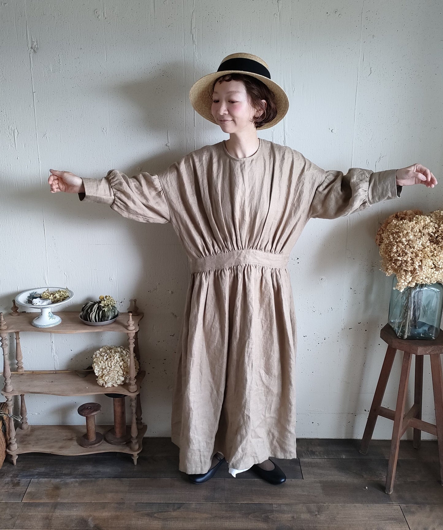 French Linen Ayaori Gather onepiece　アヤオリギャザーワンピース　フレンチリネンギャザーワンピース　リネンワンピース　ナチュラルワンピース　フレンチリネン　