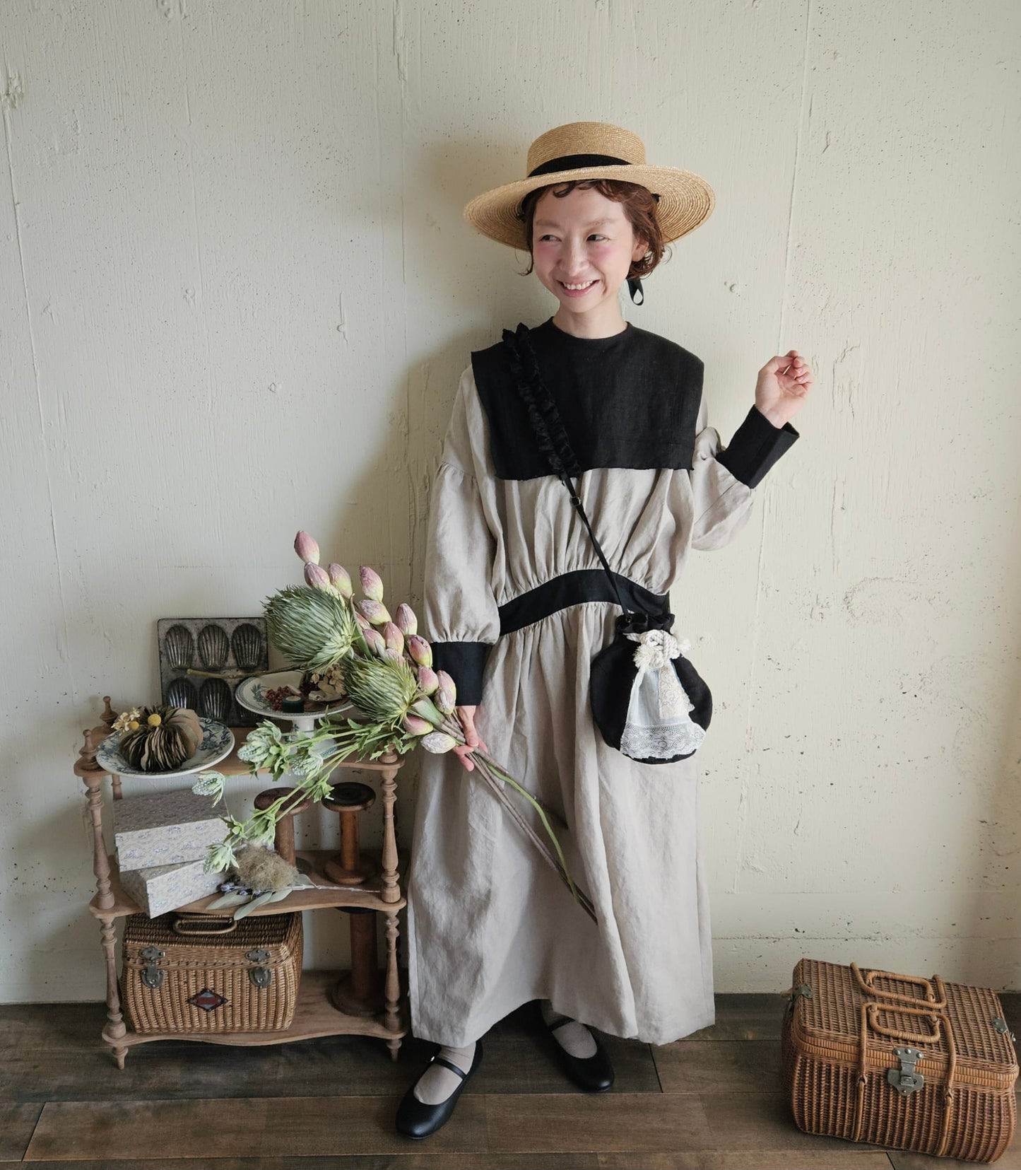 【kinari × Black】キナリ×ブラック bicollar cuffs gather onepice