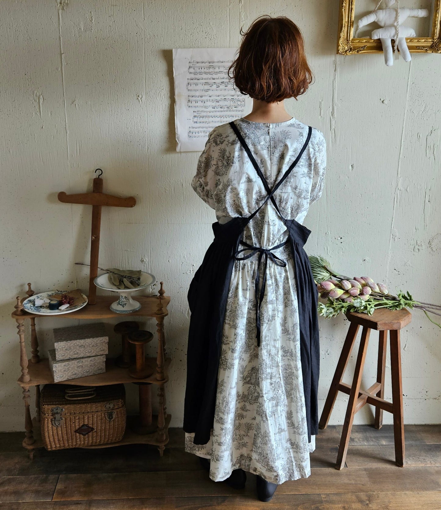 toile de jouy トワルドジュイ柄 ギャザーワンピース French cotton  gather one piece