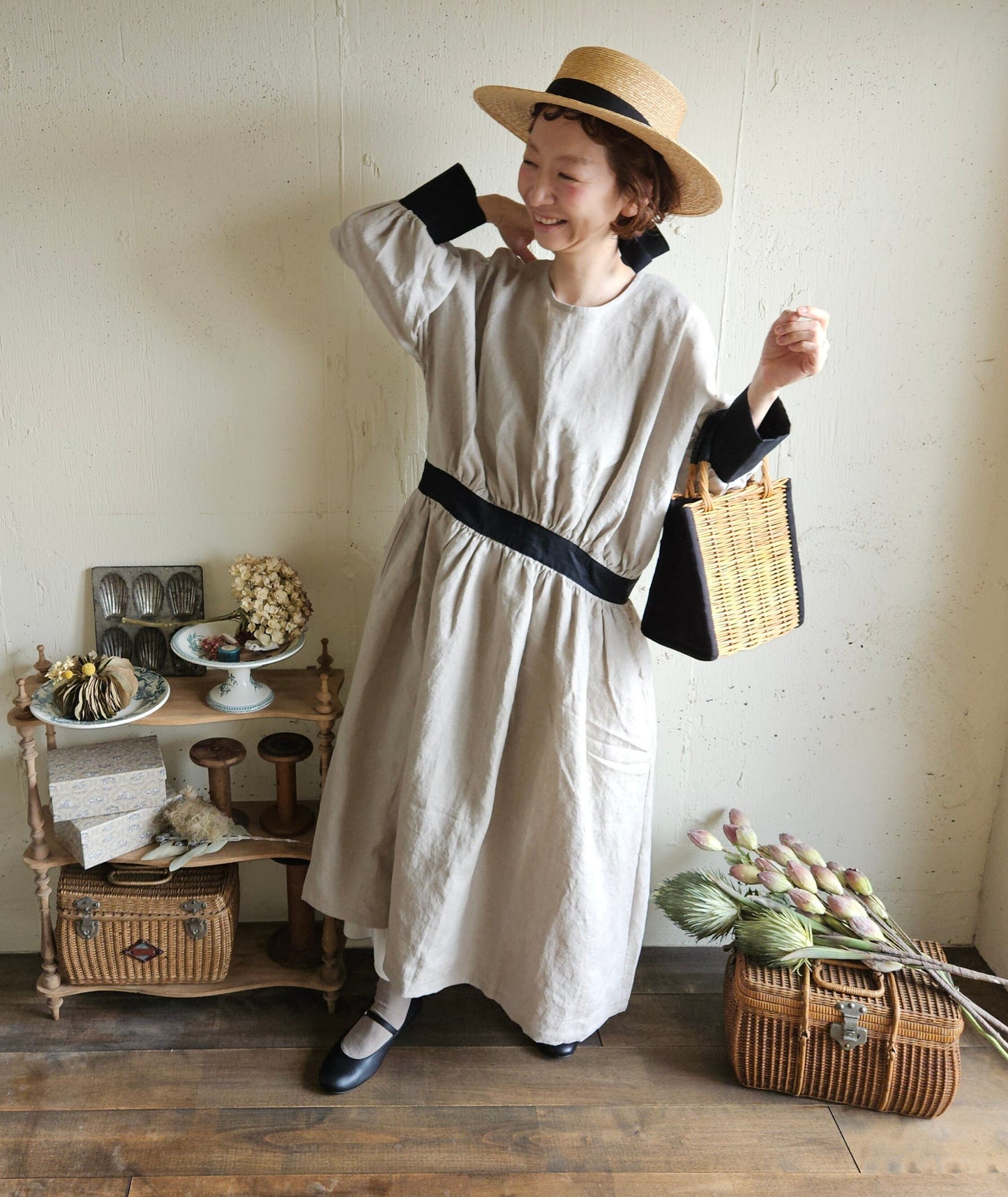 【kinari × Black】キナリ×ブラック bicollar cuffs gather onepice