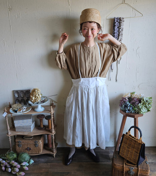 Ecru White　2way サスペンダーギャザータブリエ　French Linen Gather tablier 　アンティークタブリエ　リネンタブリエ