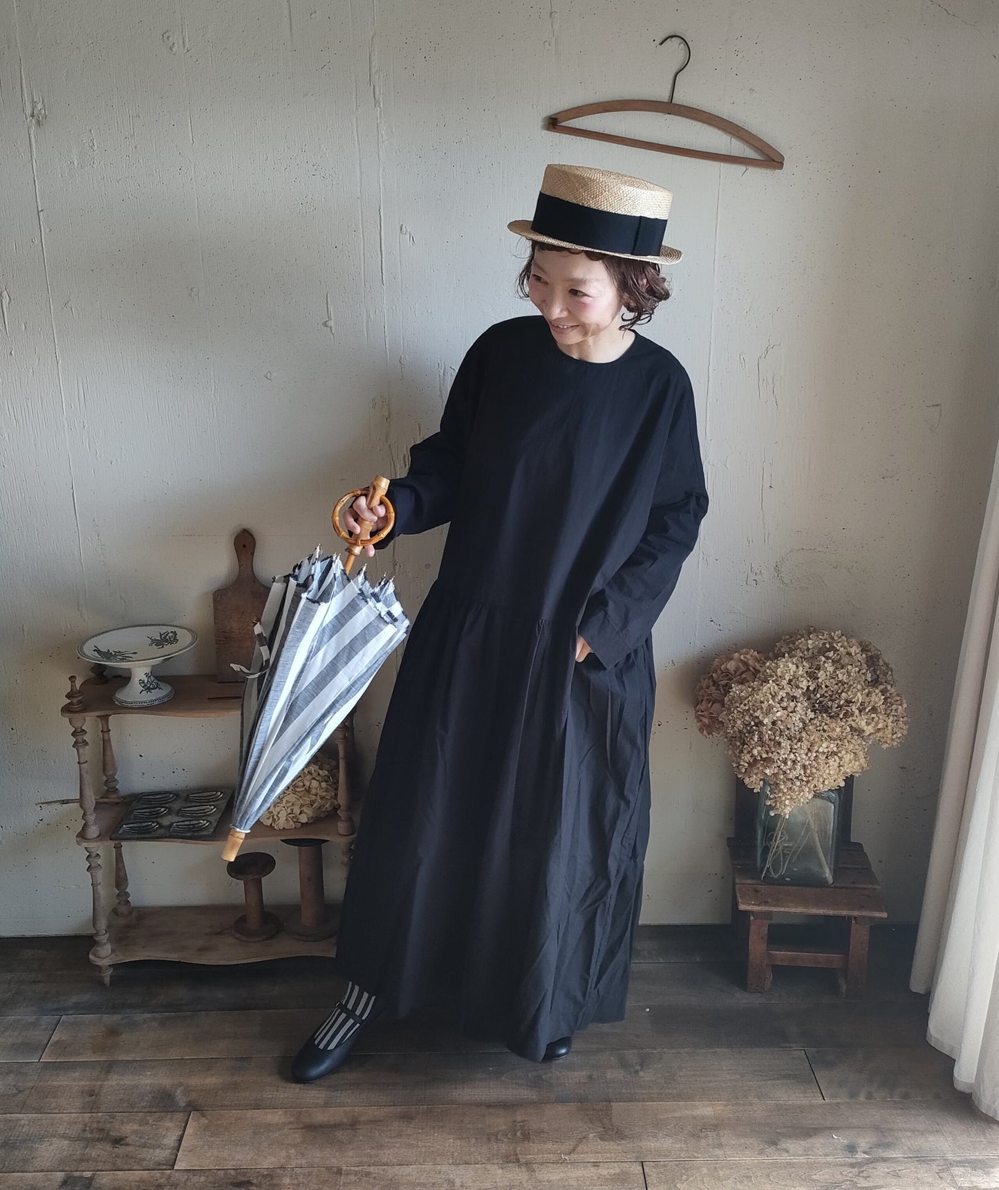 【Mat Black】modernist switching gather Onepiece  コットンワンピース　Aライン　ギャザーワンピース　ガーゼ gauze#