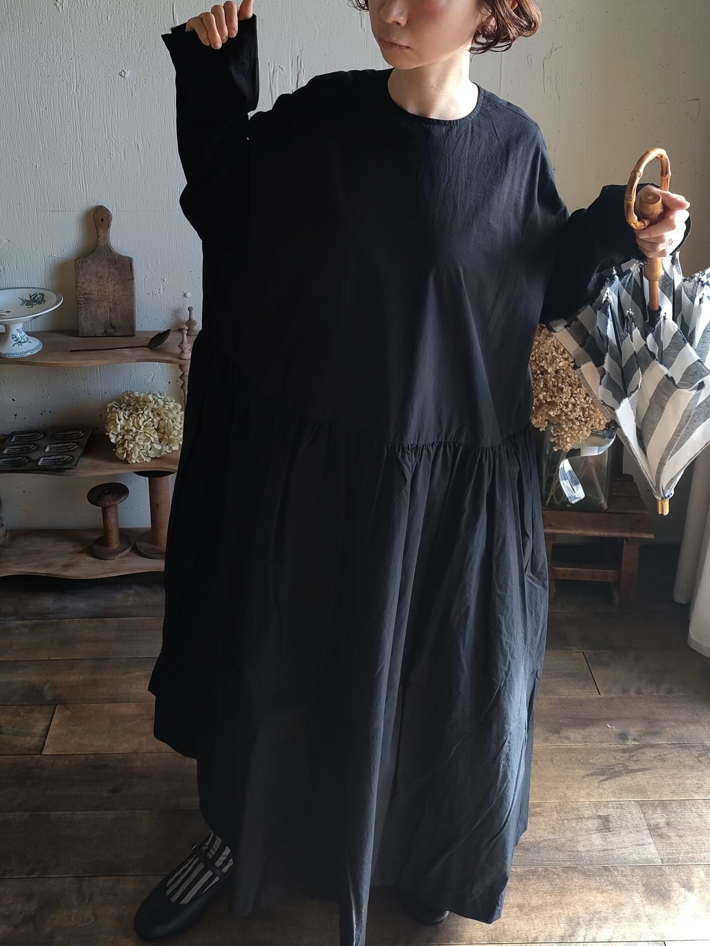 【Mat Black】modernist switching gather Onepiece  コットンワンピース　Aライン　ギャザーワンピース　ガーゼ gauze#