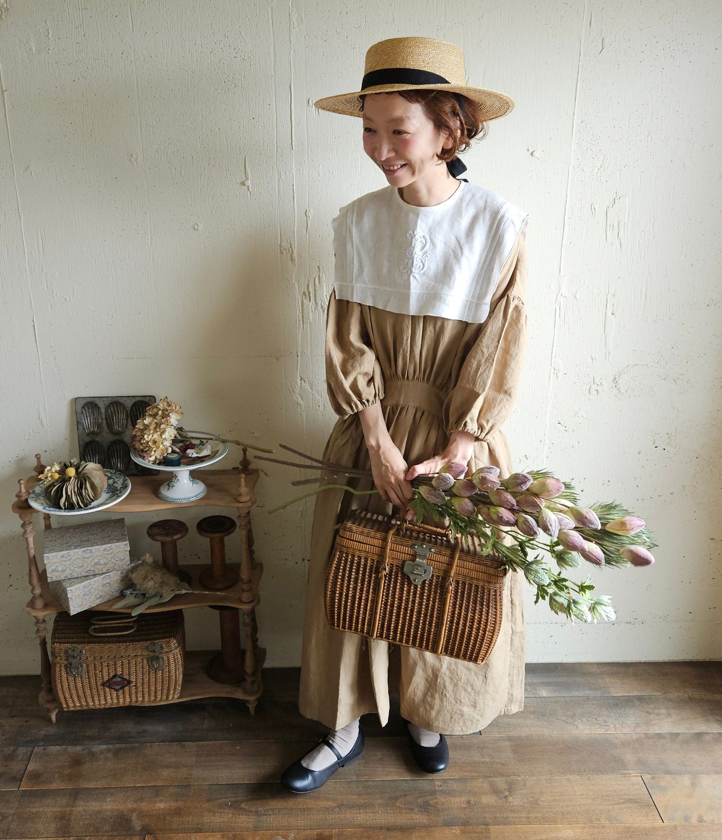 【kurumi brown】クルミブラウン　コレクトレイクリネンギャザーワンピース　 Linen gather　onepiece