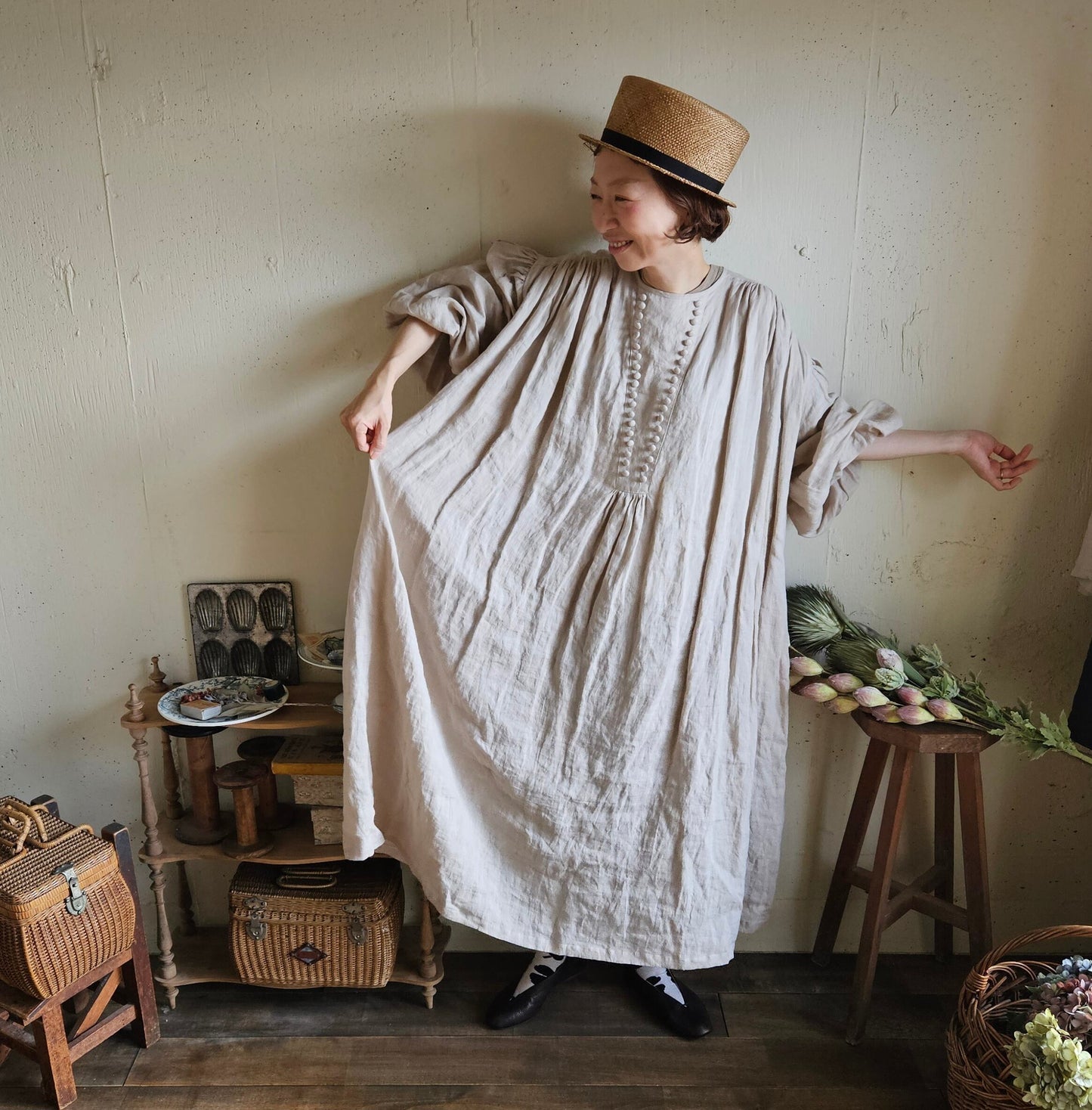 モノガタリワンピース milk tea beige ミルクティベージュ フレンチリネンワンピース