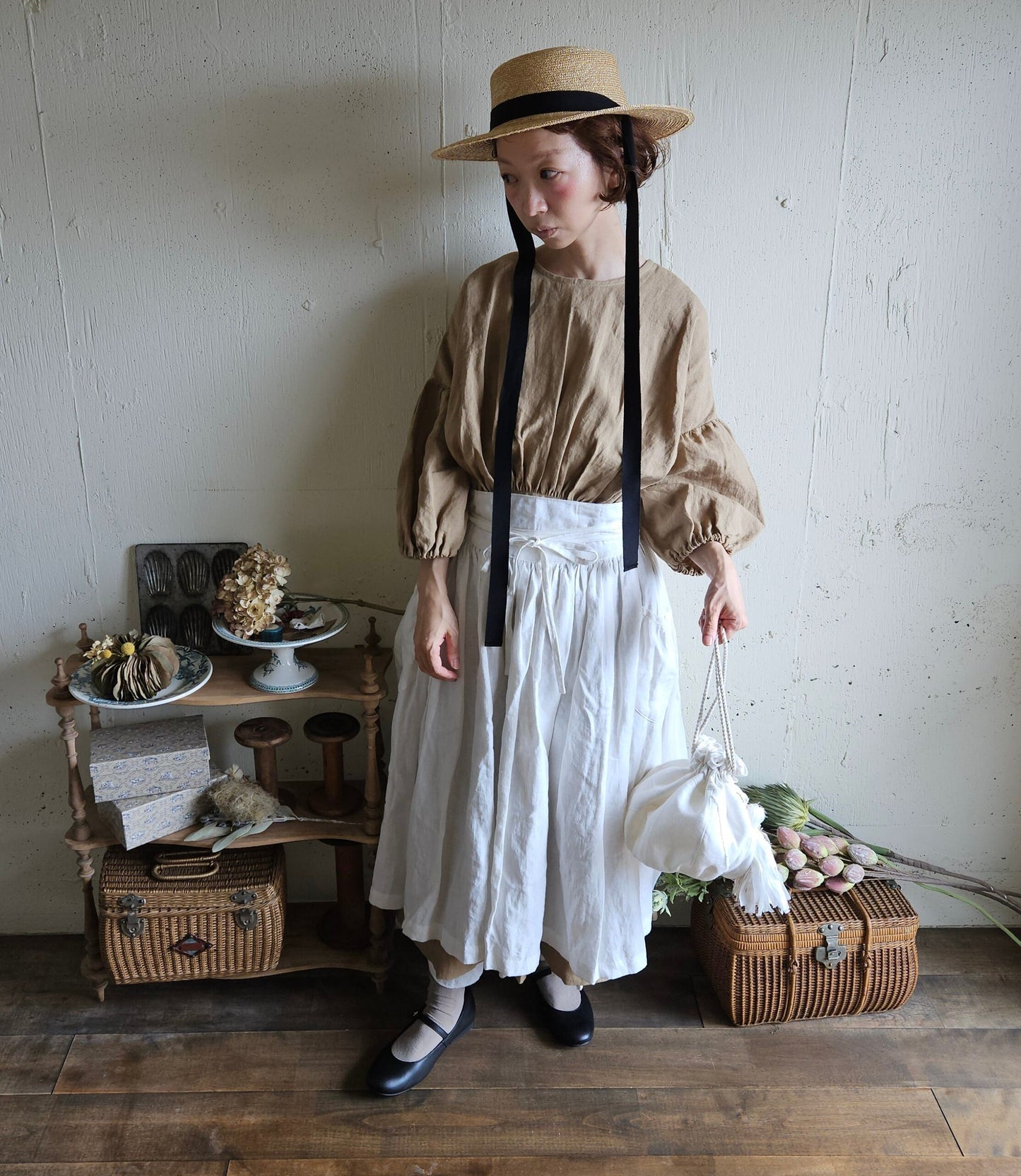 【kurumi brown】クルミブラウン　コレクトレイクリネンギャザーワンピース　 Linen gather　onepiece