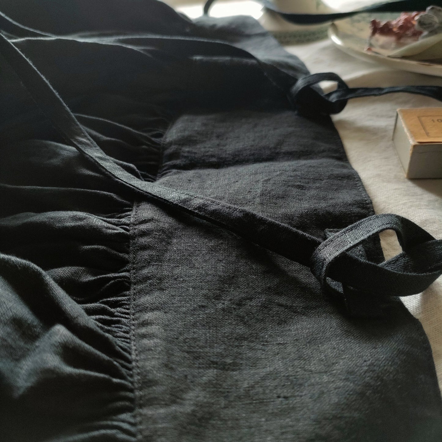 Dark Black　2way サスペンダーギャザータブリエ　French Linen Gather tablier