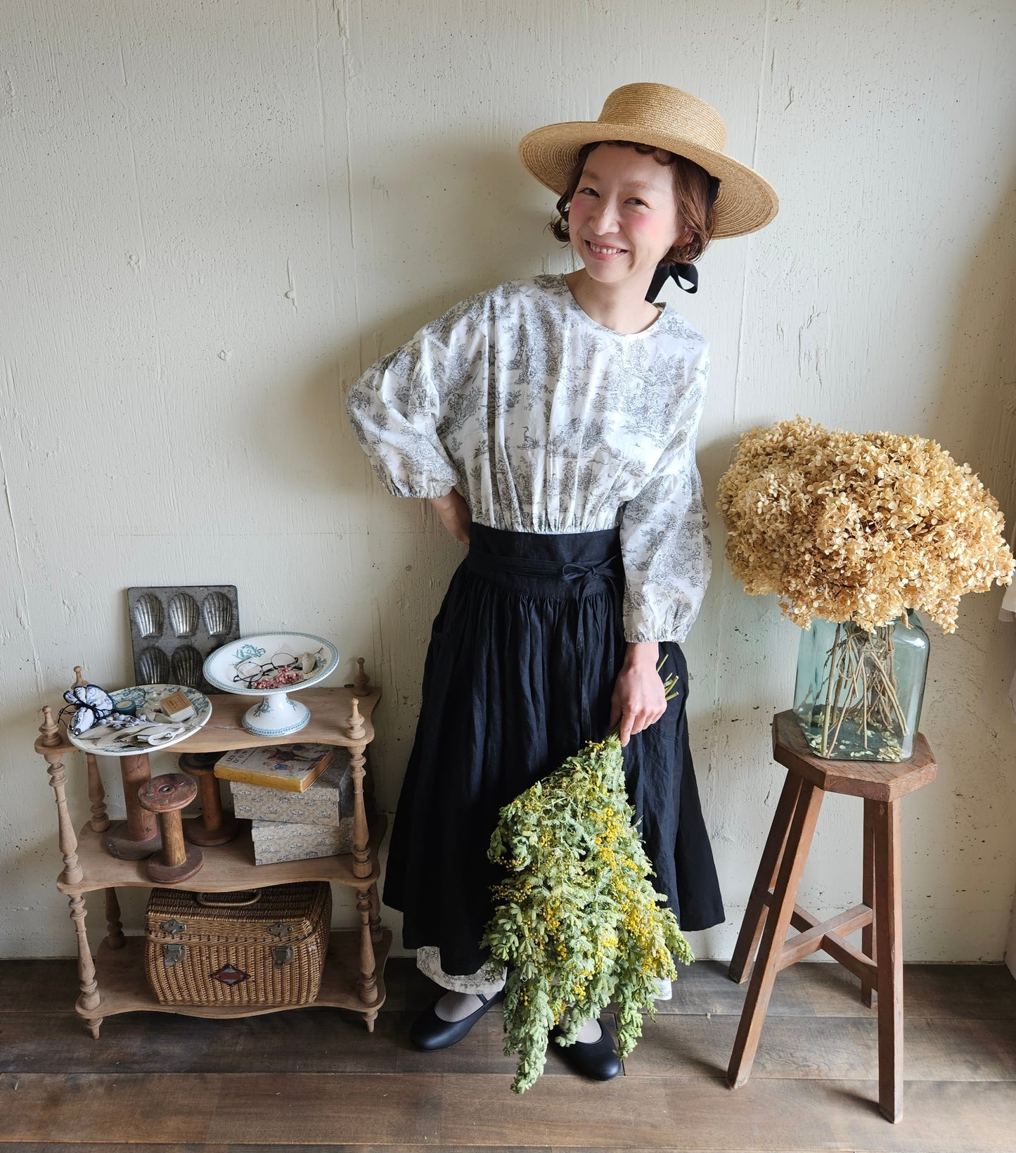 Dark Black　2way サスペンダーギャザータブリエ　French Linen Gather tablier