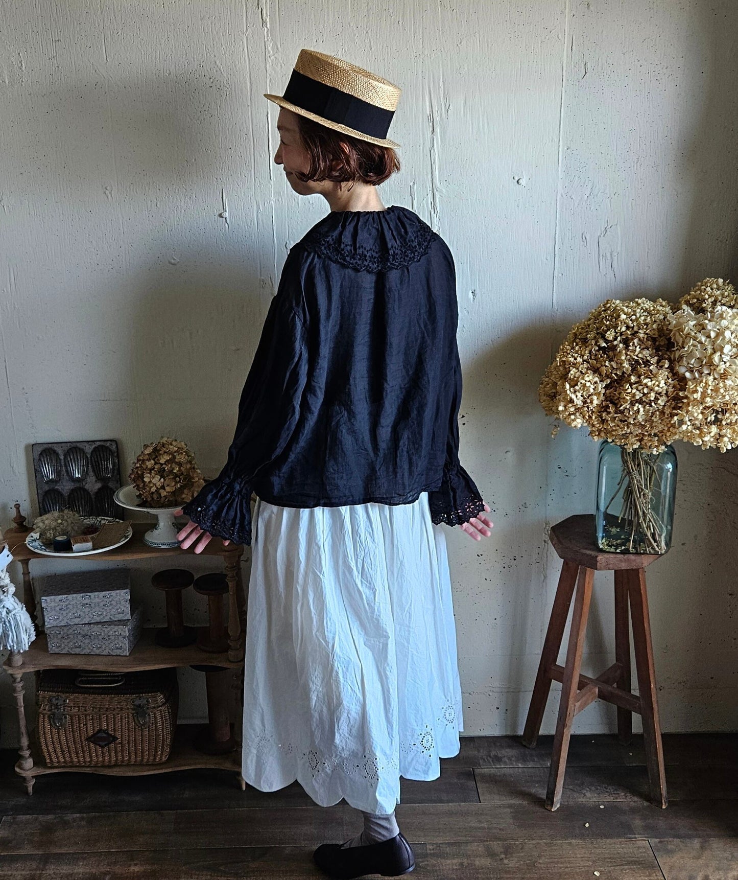 《Noir Black》Antique Lace Blouse  アンティークレースブラウス　gauze