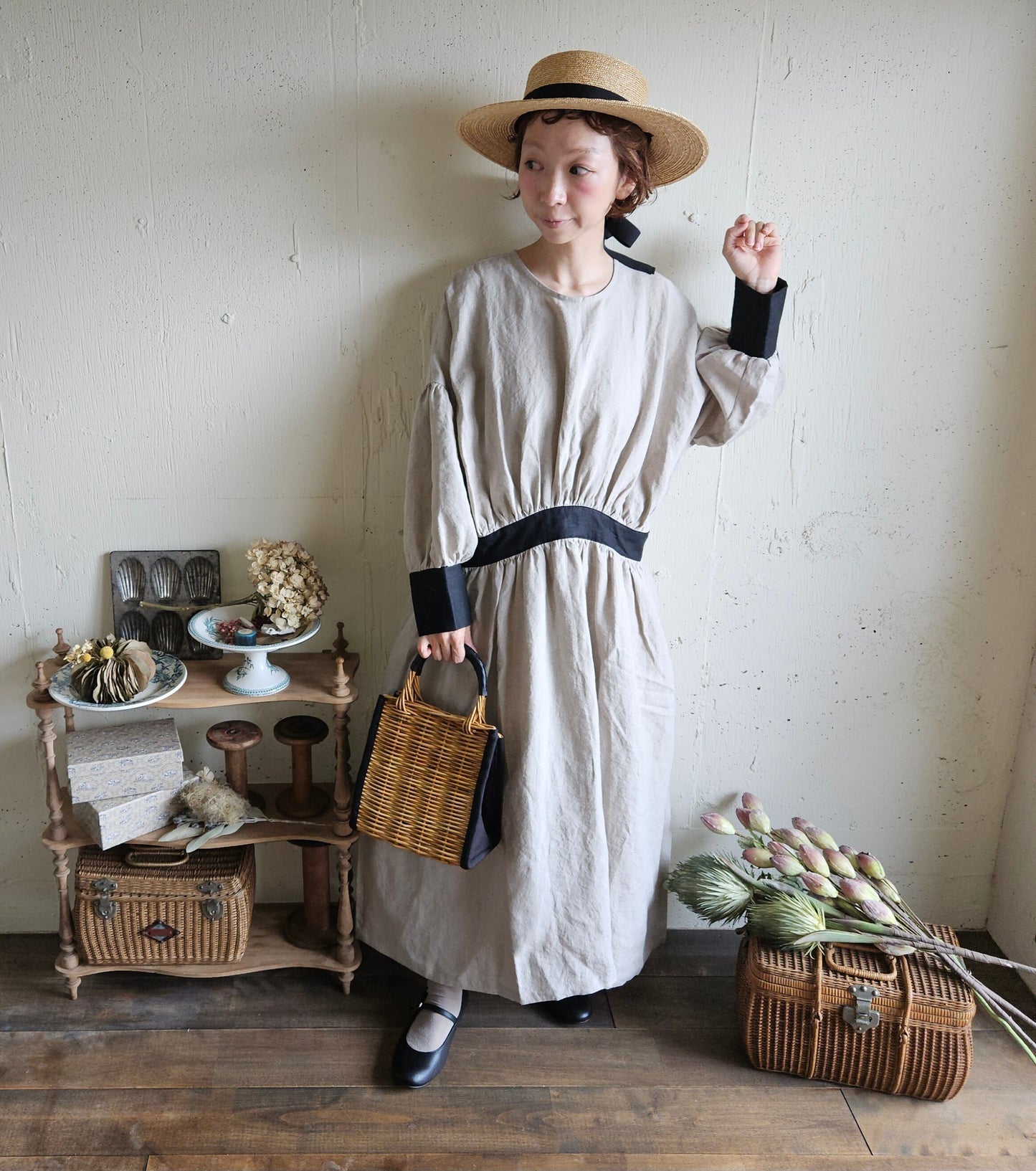 【kinari × Black】キナリ×ブラック bicollar cuffs gather onepice